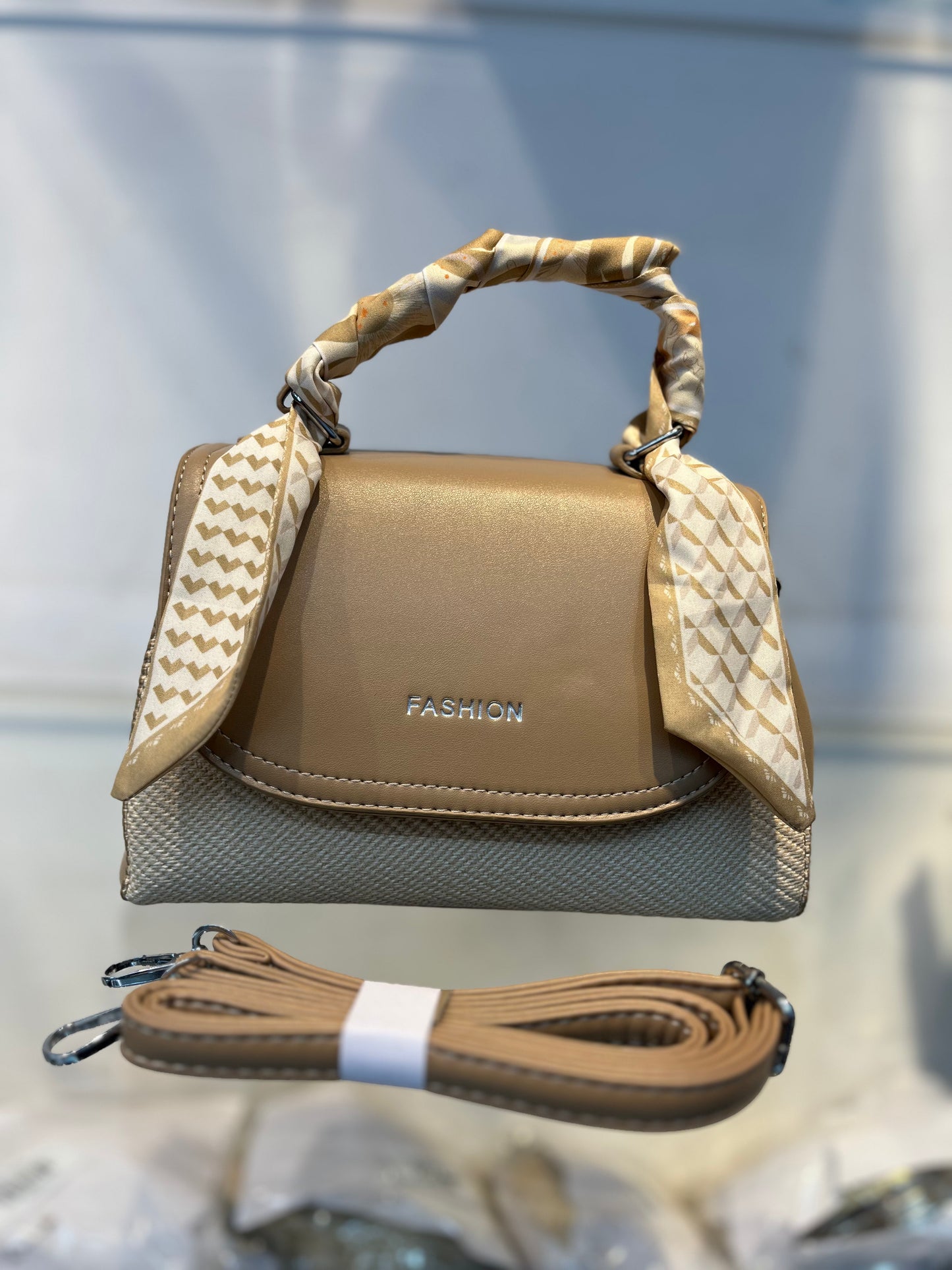 Elegant Light Khakhi Faux Leather Top Handle Bag with Scarf Accent - Perfect for a Fashionable Look 02