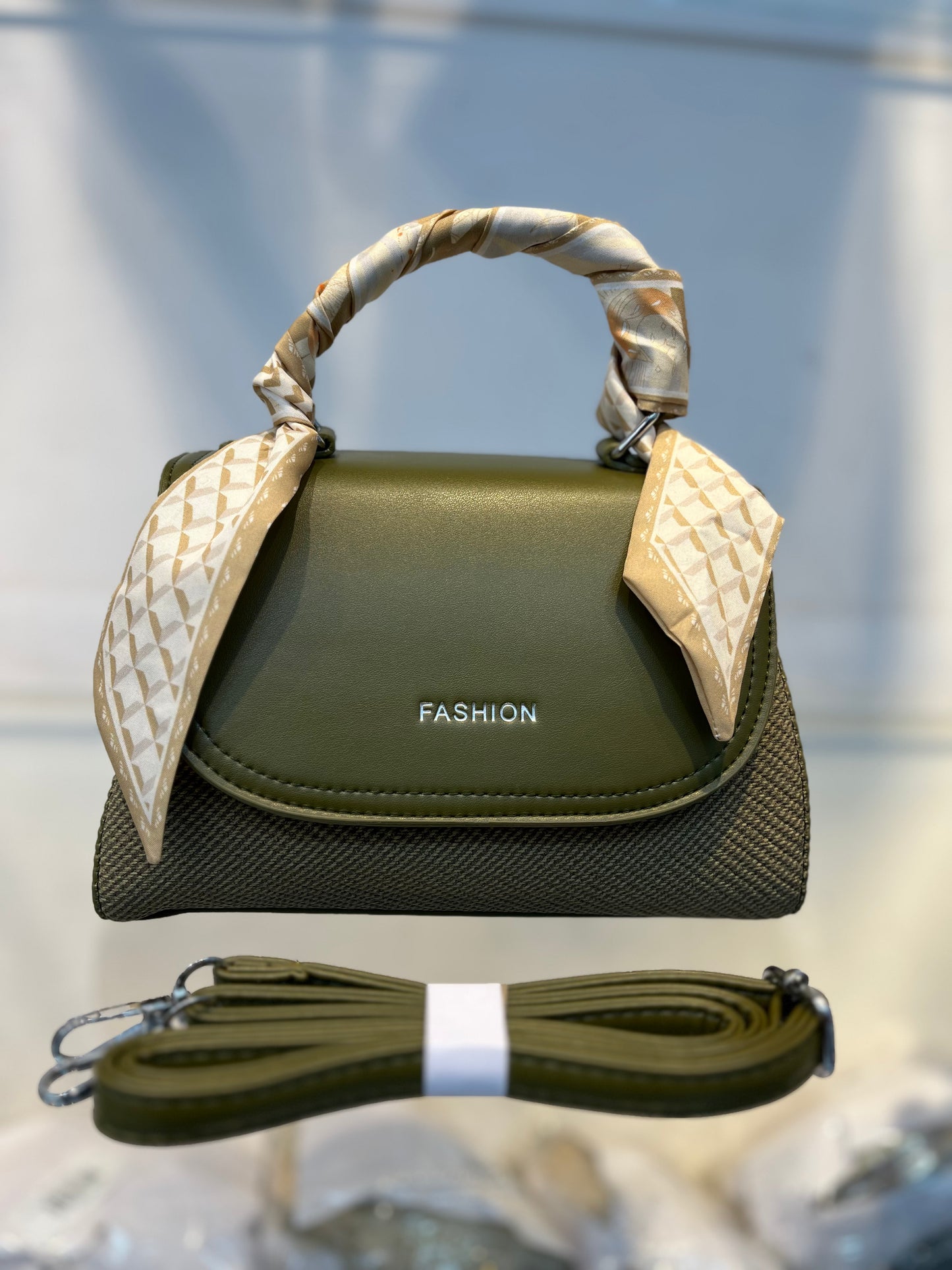 Elegant Green Faux Leather Top Handle Bag with Scarf Accent - Perfect for a Fashionable Look 02
