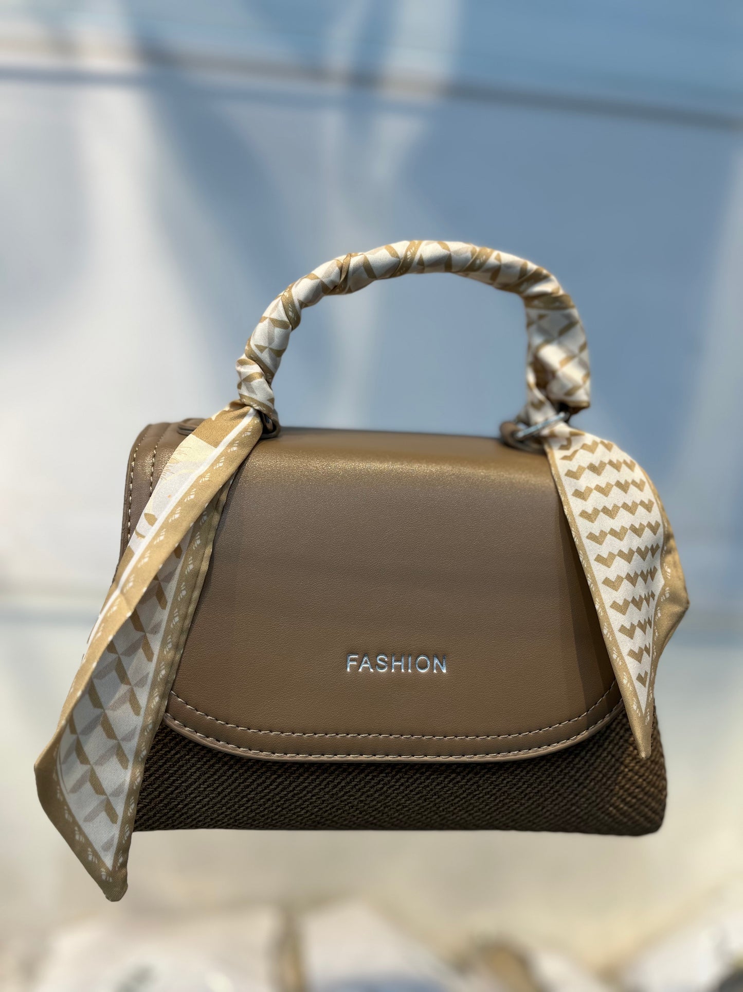 Elegant Brown Faux Leather Top Handle Bag with Scarf Accent - Perfect for a Fashionable Look 02