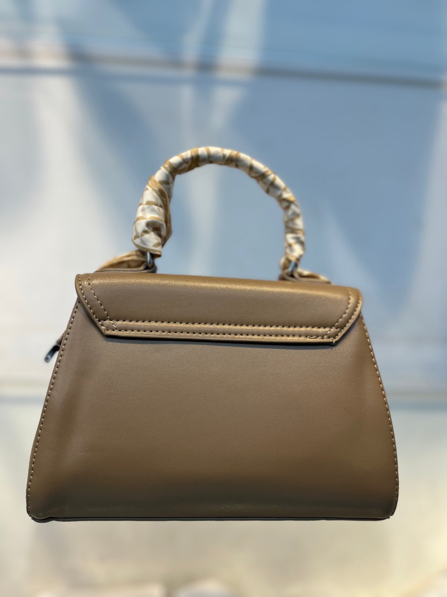 Elegant Brown Faux Leather Top Handle Bag with Scarf Accent - Perfect for a Fashionable Look 02