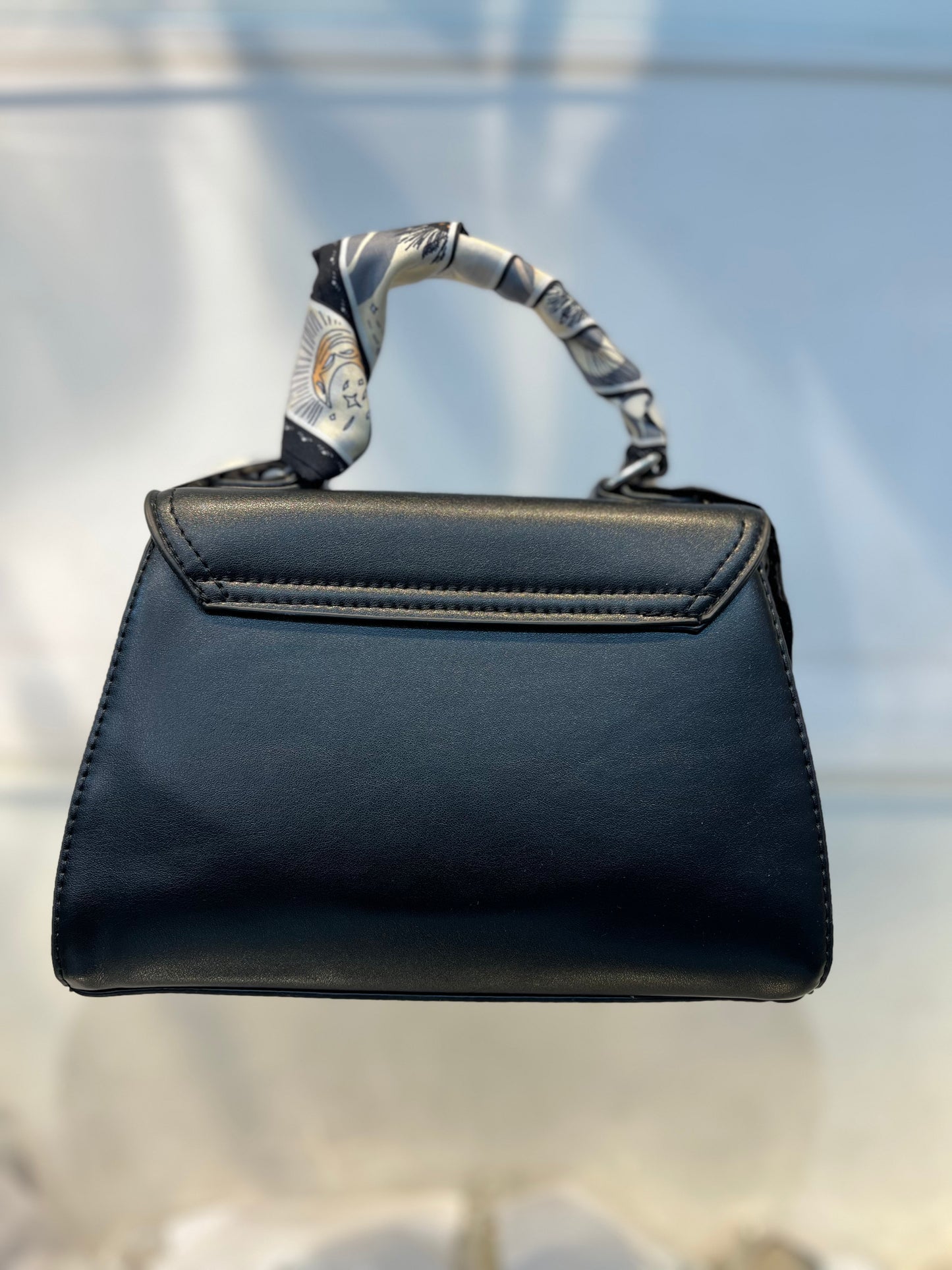 Elegant Black Faux Leather Top Handle Bag with Scarf Accent - Perfect for a Fashionable Look 02