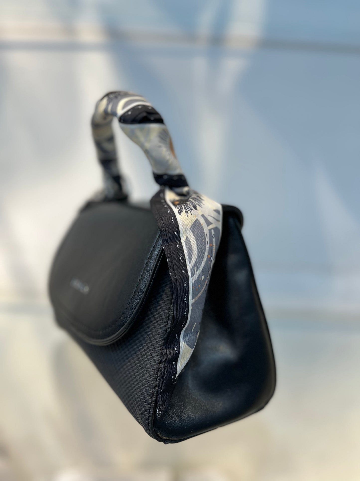 Elegant Black Faux Leather Top Handle Bag with Scarf Accent - Perfect for a Fashionable Look 02