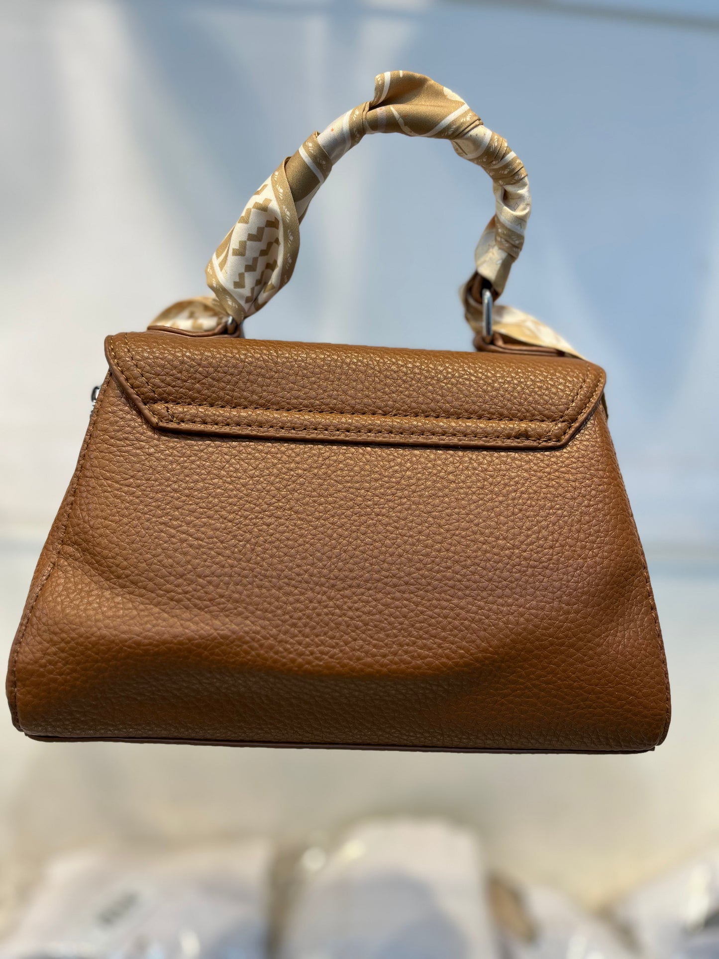 Elegant Brown Faux Leather Top Handle Bag with Scarf Accent - Perfect for a Fashionable Look