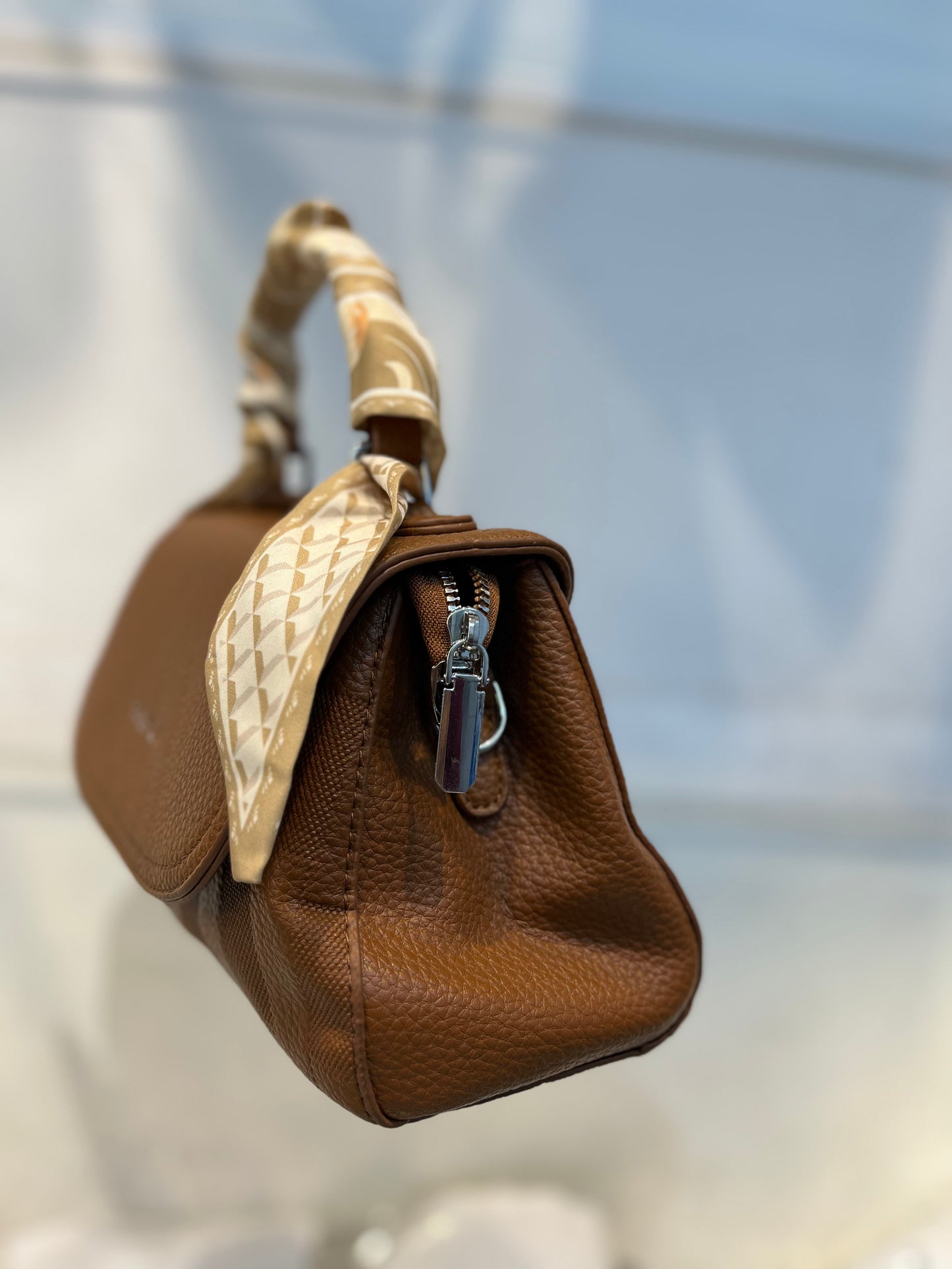 Elegant Brown Faux Leather Top Handle Bag with Scarf Accent - Perfect for a Fashionable Look