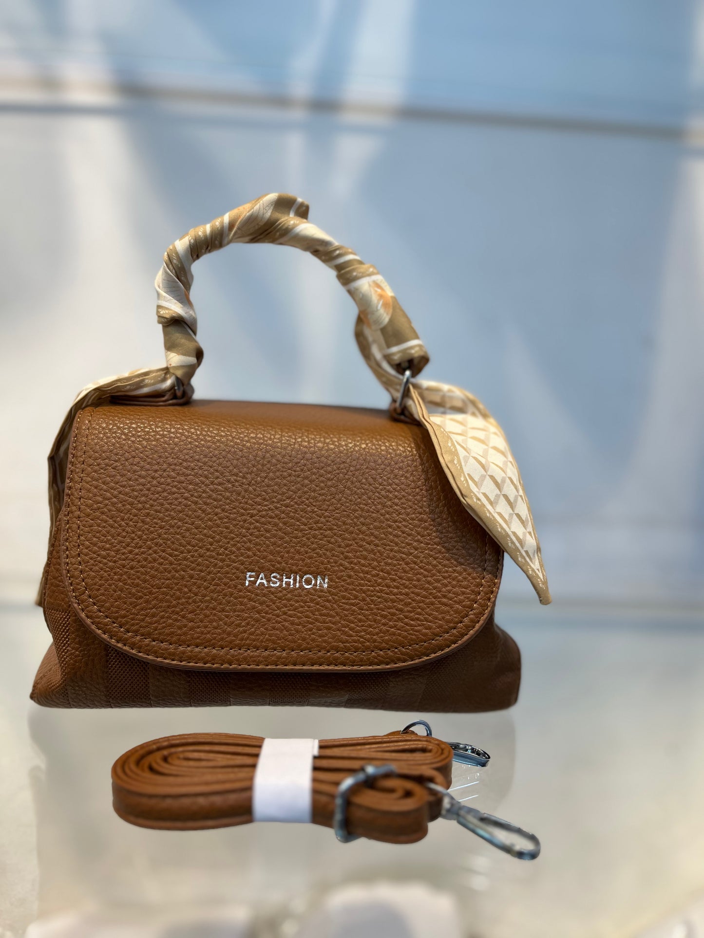 Elegant Brown Faux Leather Top Handle Bag with Scarf Accent - Perfect for a Fashionable Look