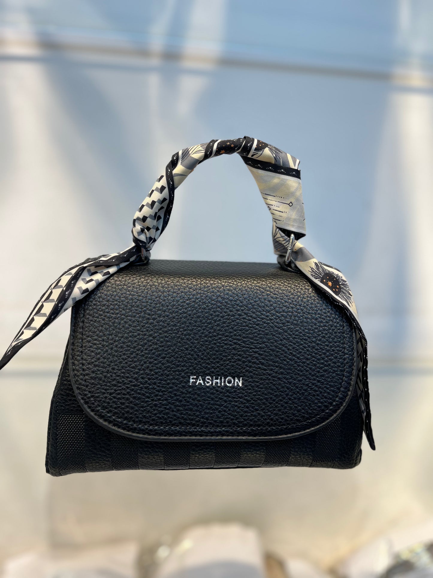Elegant Black Faux Leather Top Handle Bag with Scarf Accent - Perfect for a Fashionable Look