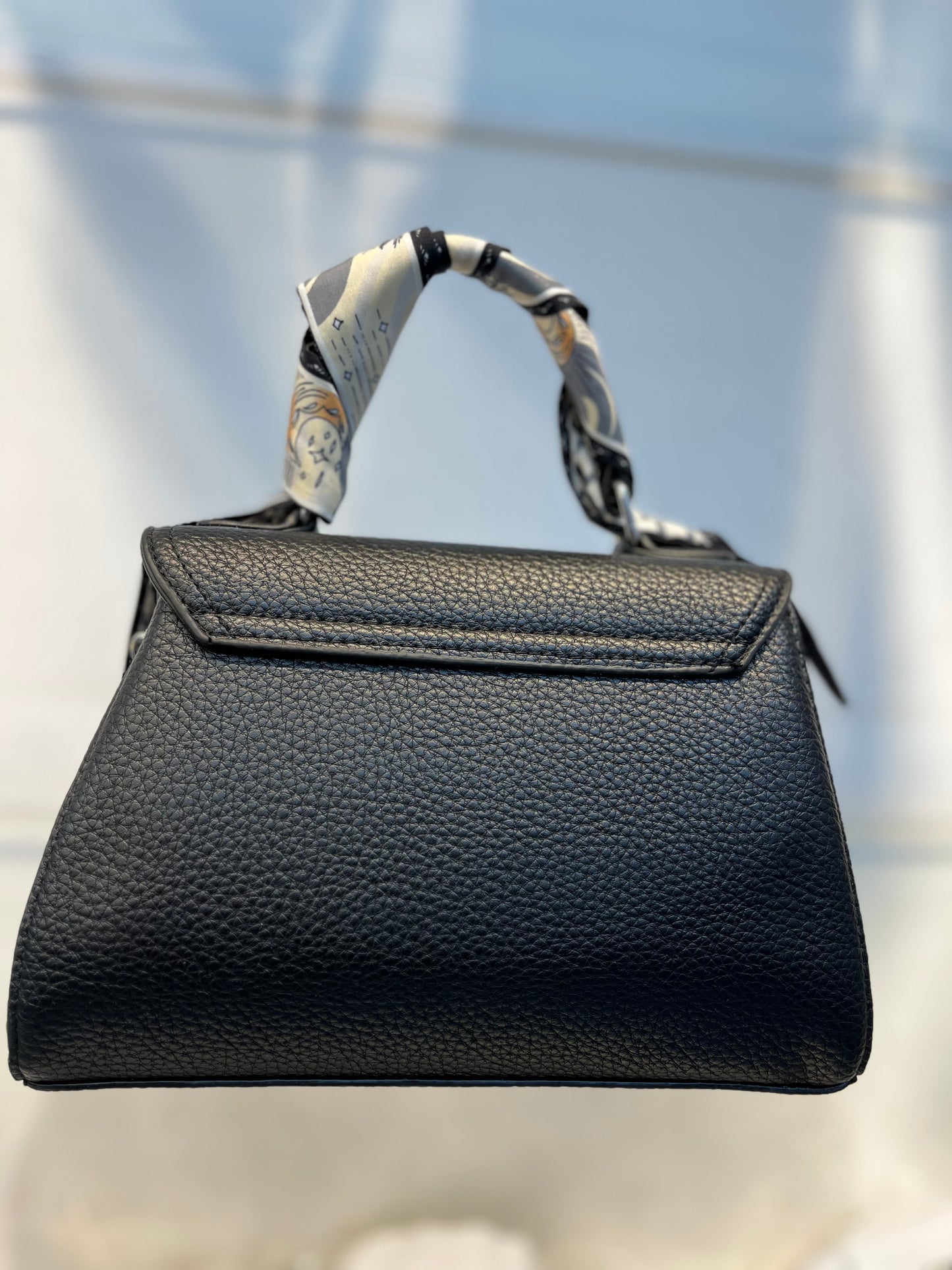Elegant Black Faux Leather Top Handle Bag with Scarf Accent - Perfect for a Fashionable Look