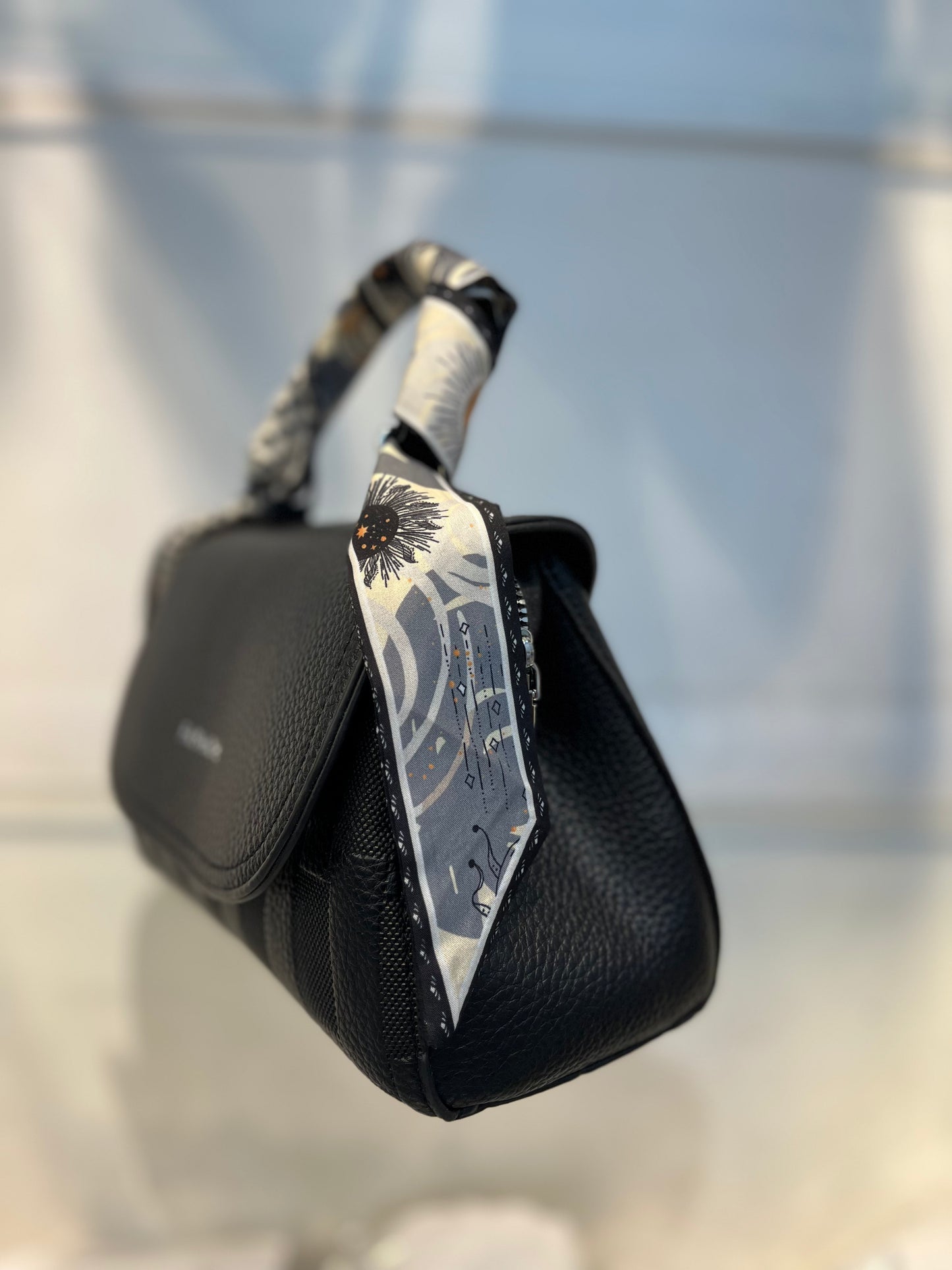 Elegant Black Faux Leather Top Handle Bag with Scarf Accent - Perfect for a Fashionable Look