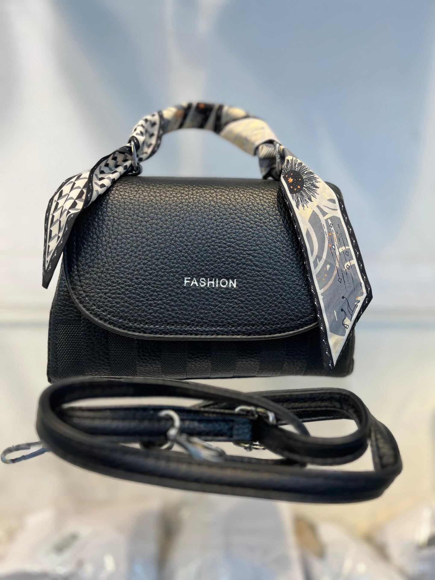 Elegant Black Faux Leather Top Handle Bag with Scarf Accent - Perfect for a Fashionable Look