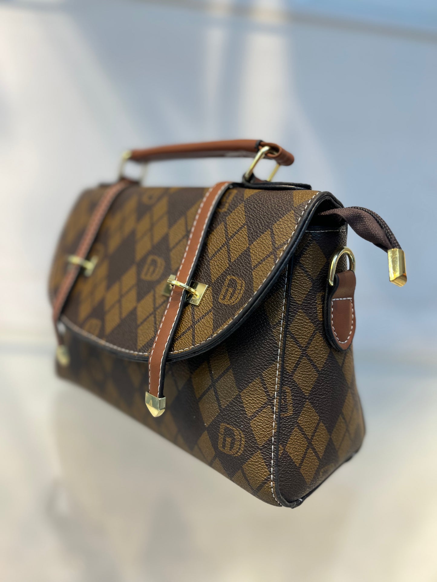 Brown D Pattern Faux Leather Handbag with Two Strips & Sling