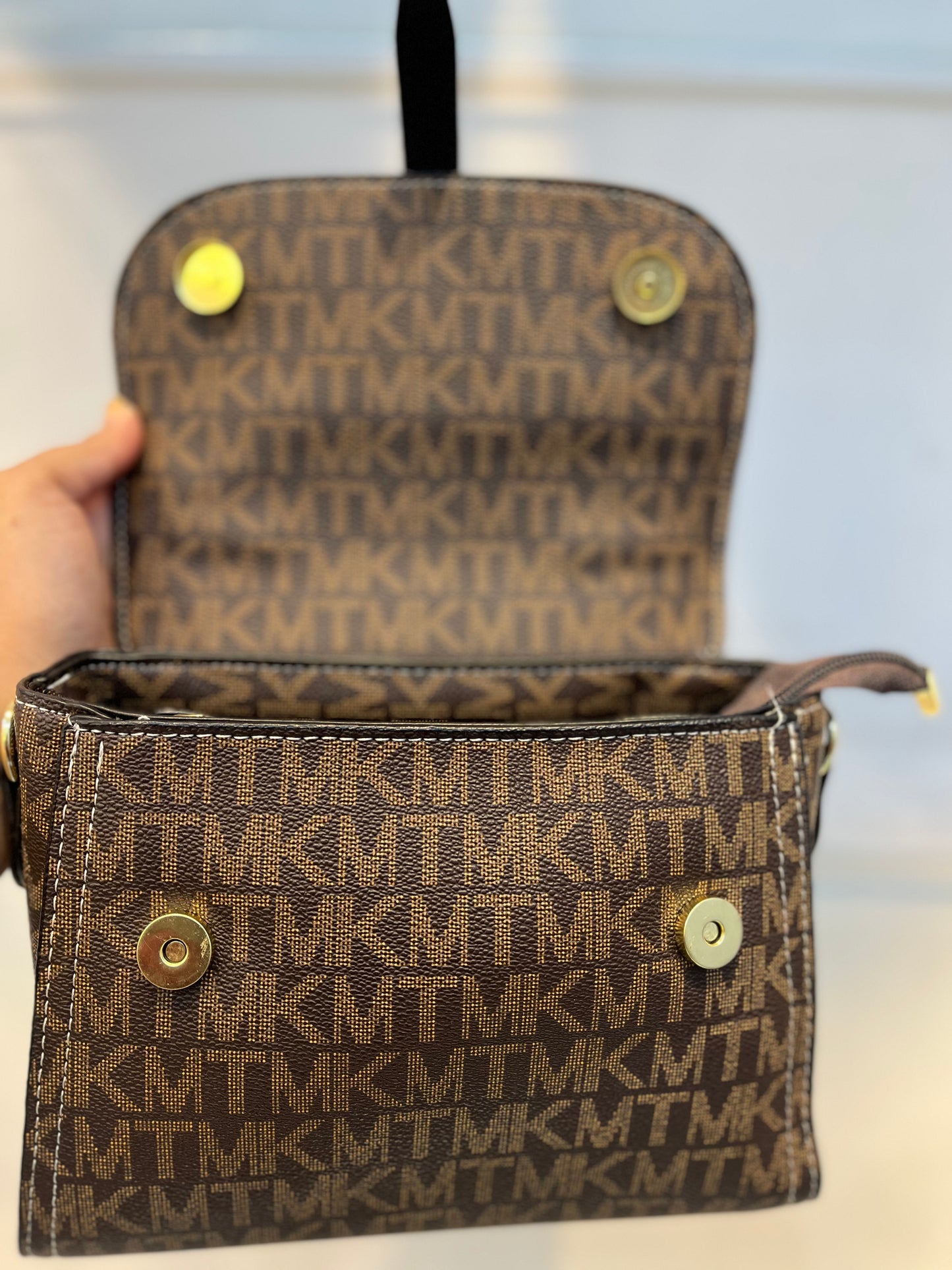 Brown MK Faux Leather One-Strap Handbag with Sling