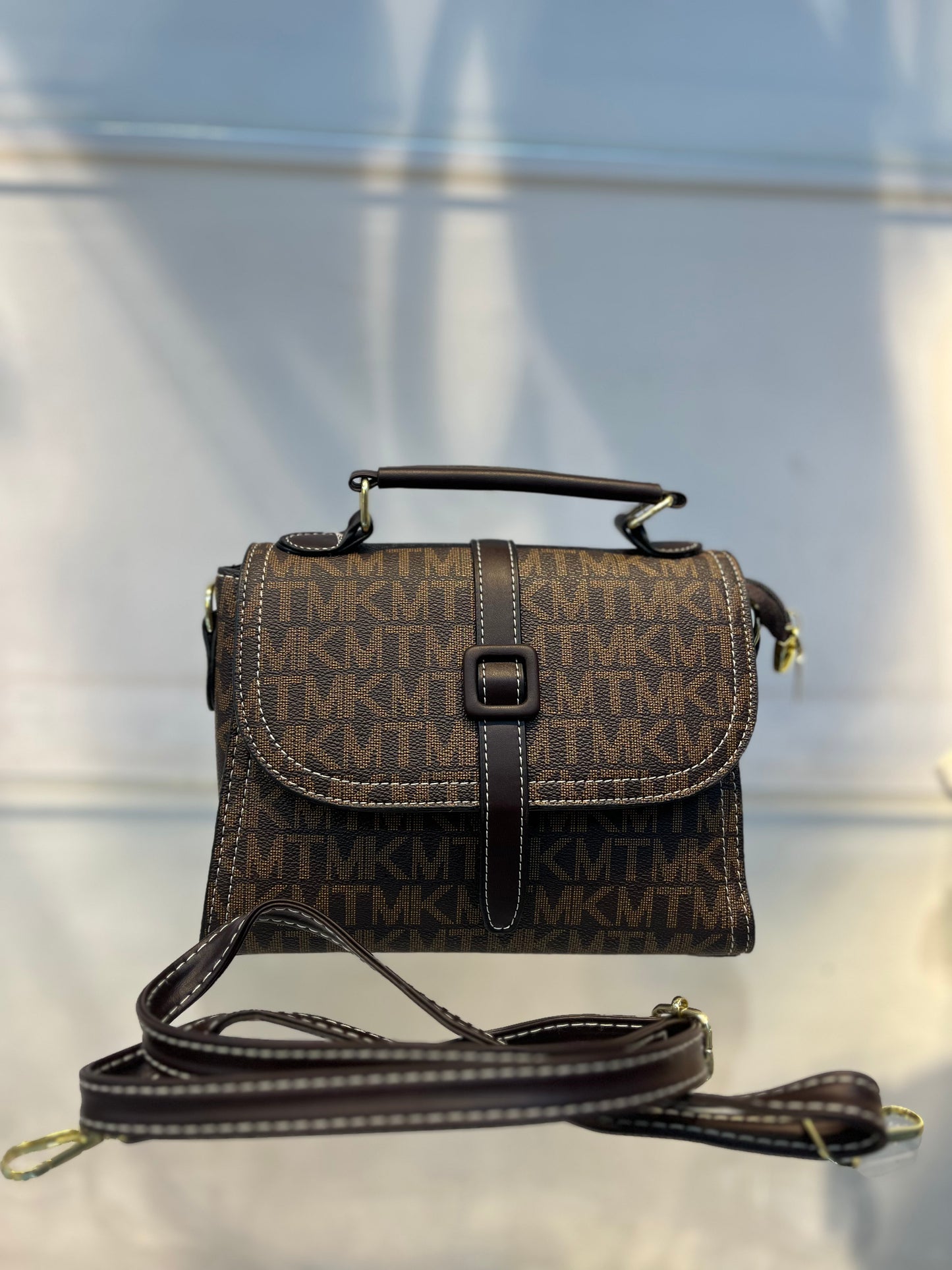 Brown MK Faux Leather One-Strap Handbag with Sling