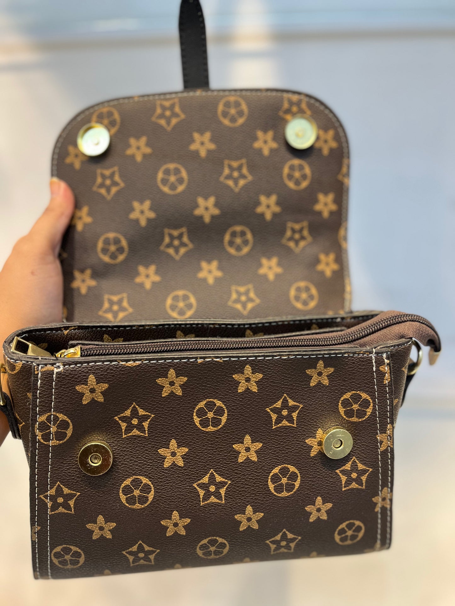 Brown LV Pattern Faux Leather One-Strap Handbag with Sling