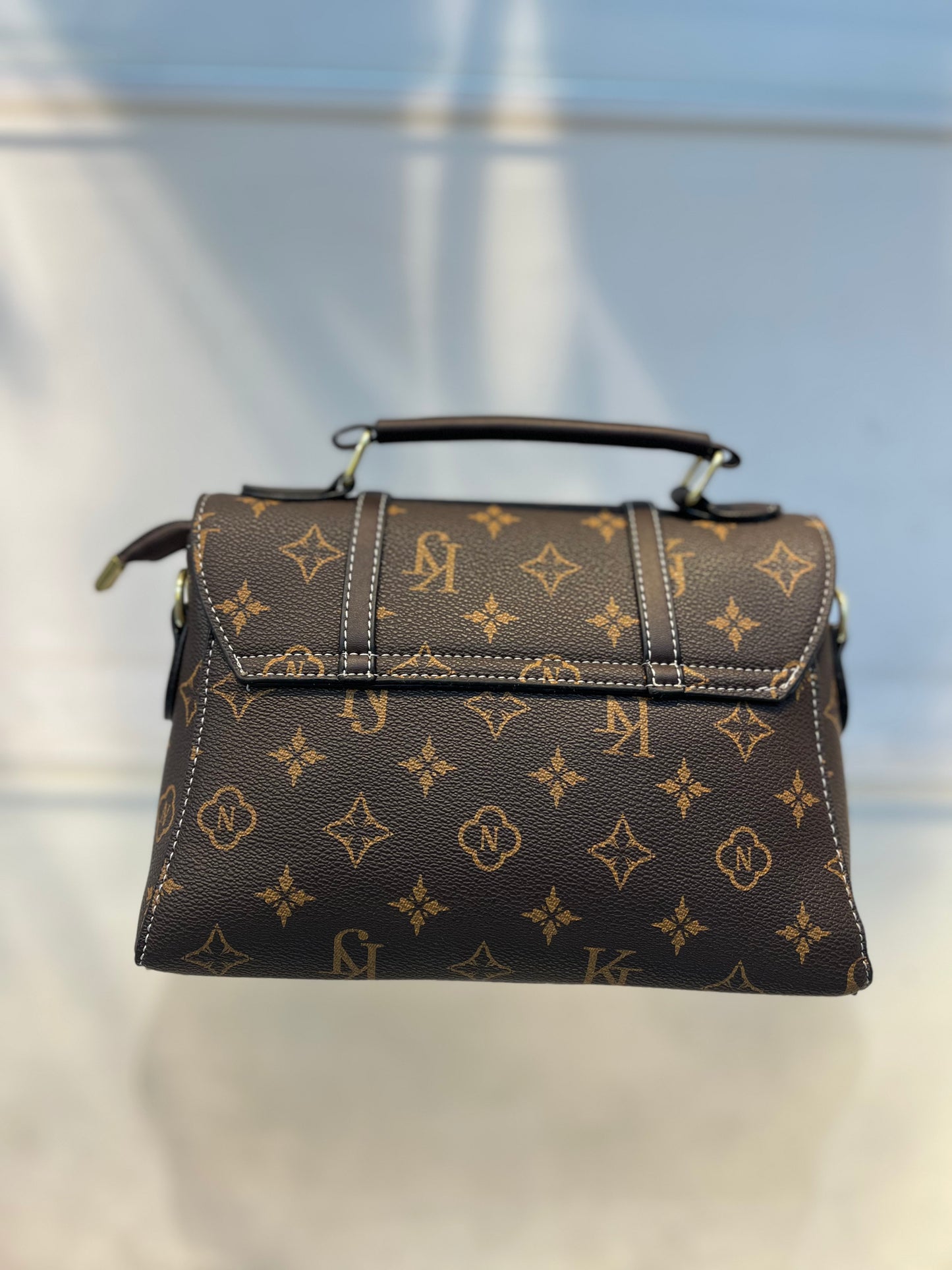 Brown KJ Pattern Faux Leather Handbag with Two Strips & Sling