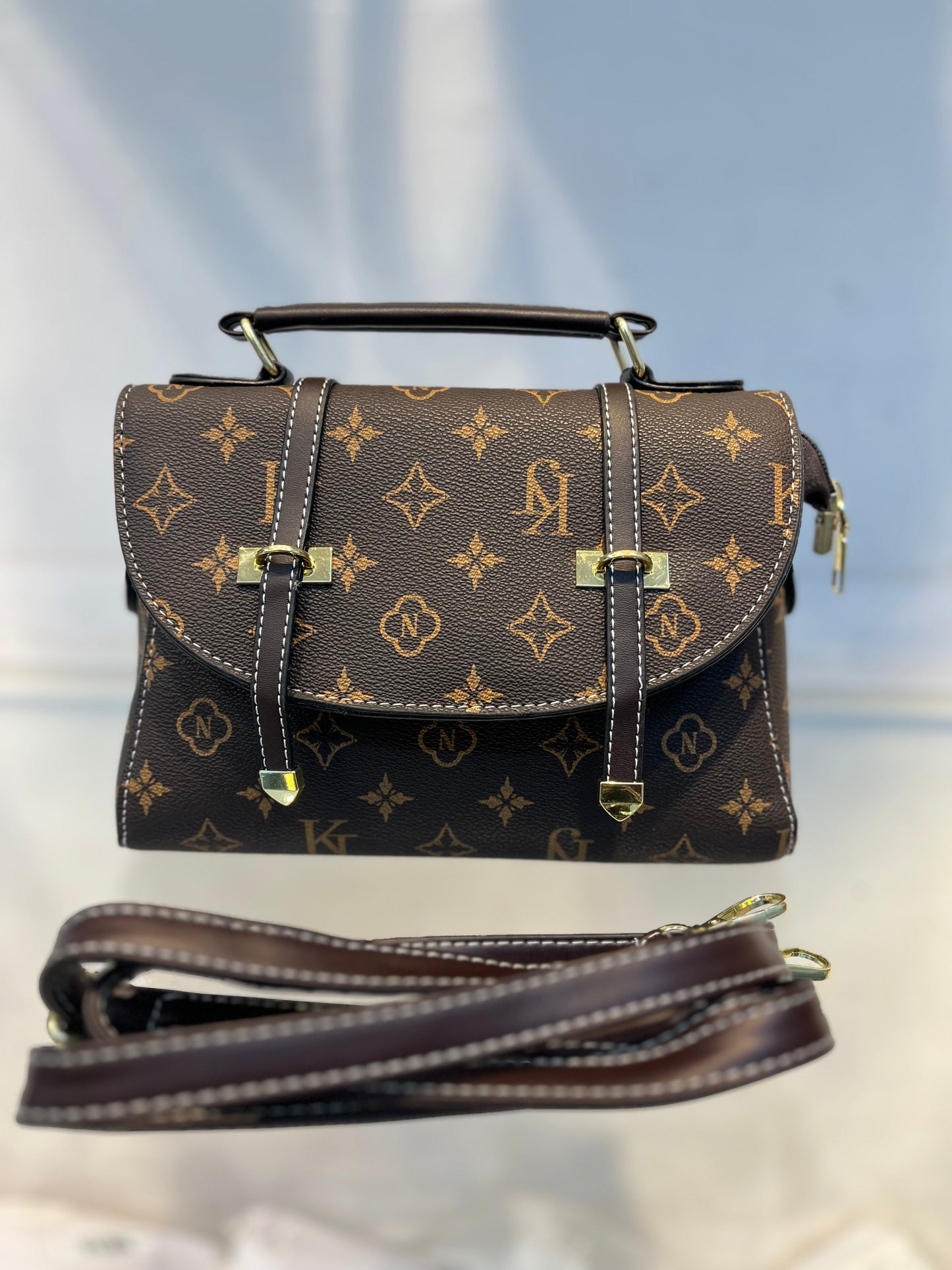 Brown KJ Pattern Faux Leather Handbag with Two Strips & Sling