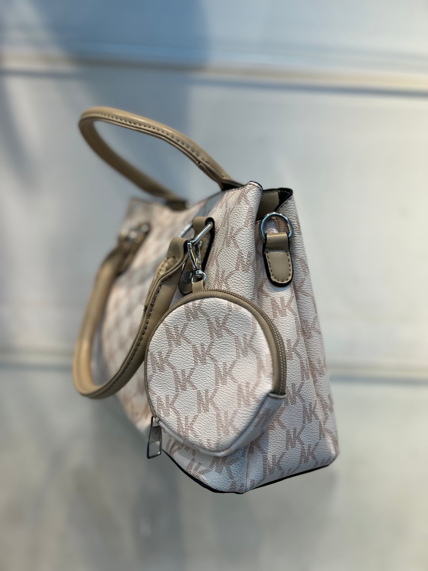 Beige Faux Leather Baguette Handbag with Sling, 3 Compartments & Coin Pouch