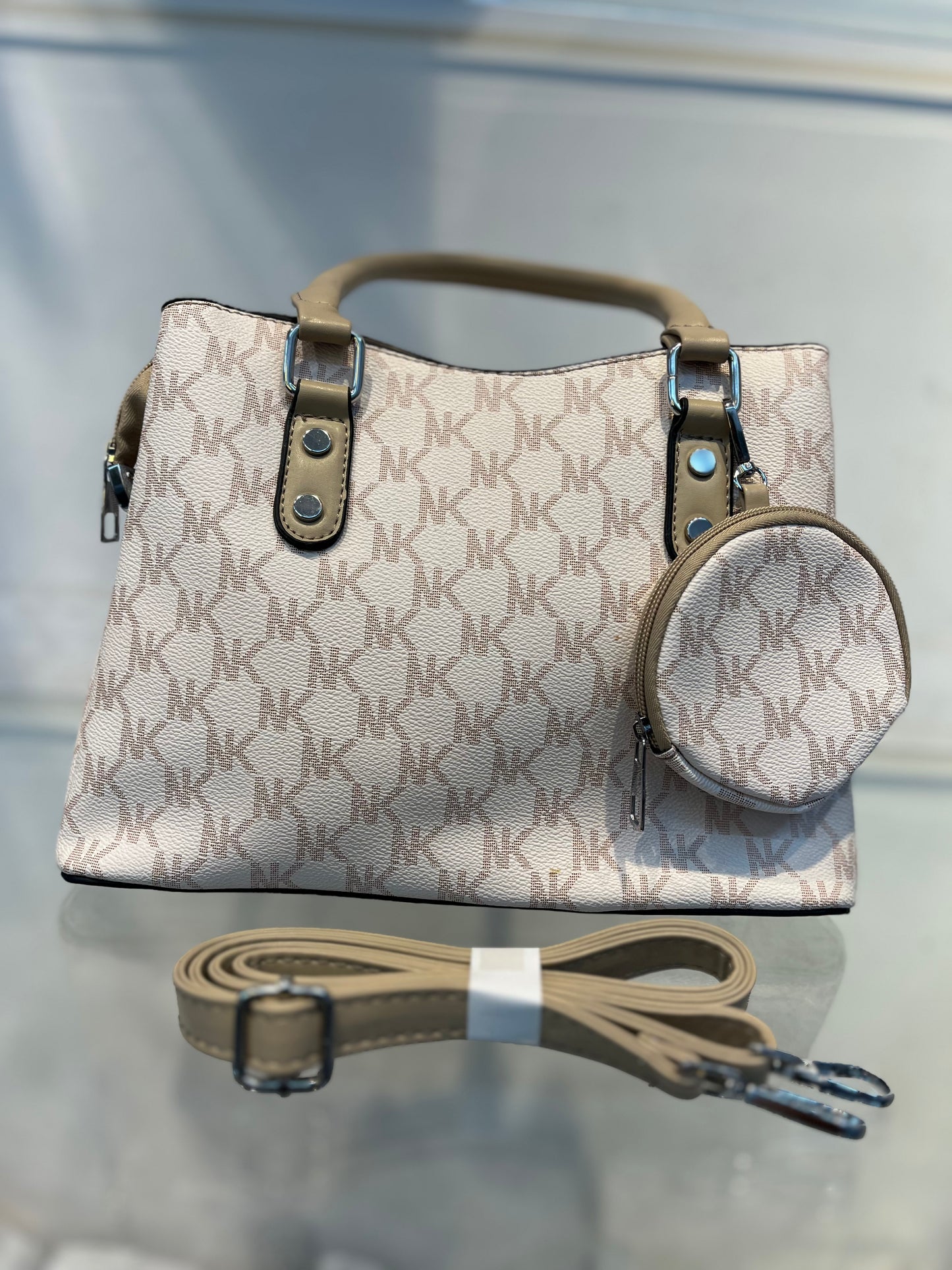 Beige Faux Leather Baguette Handbag with Sling, 3 Compartments & Coin Pouch