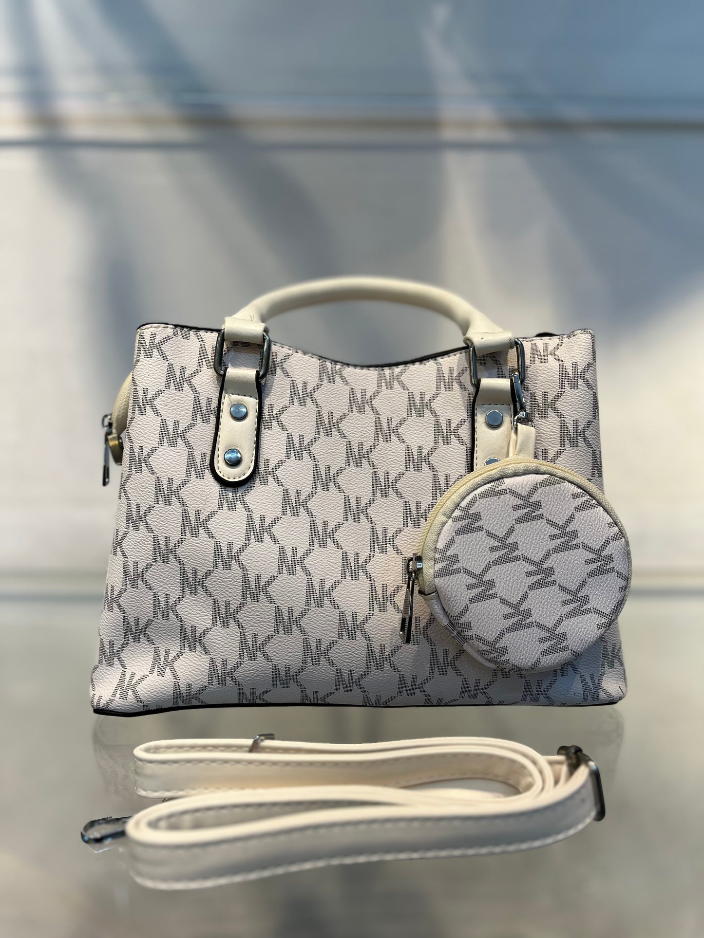 White Faux Leather Baguette Handbag with Sling, 3 Compartments & Coin Pouch