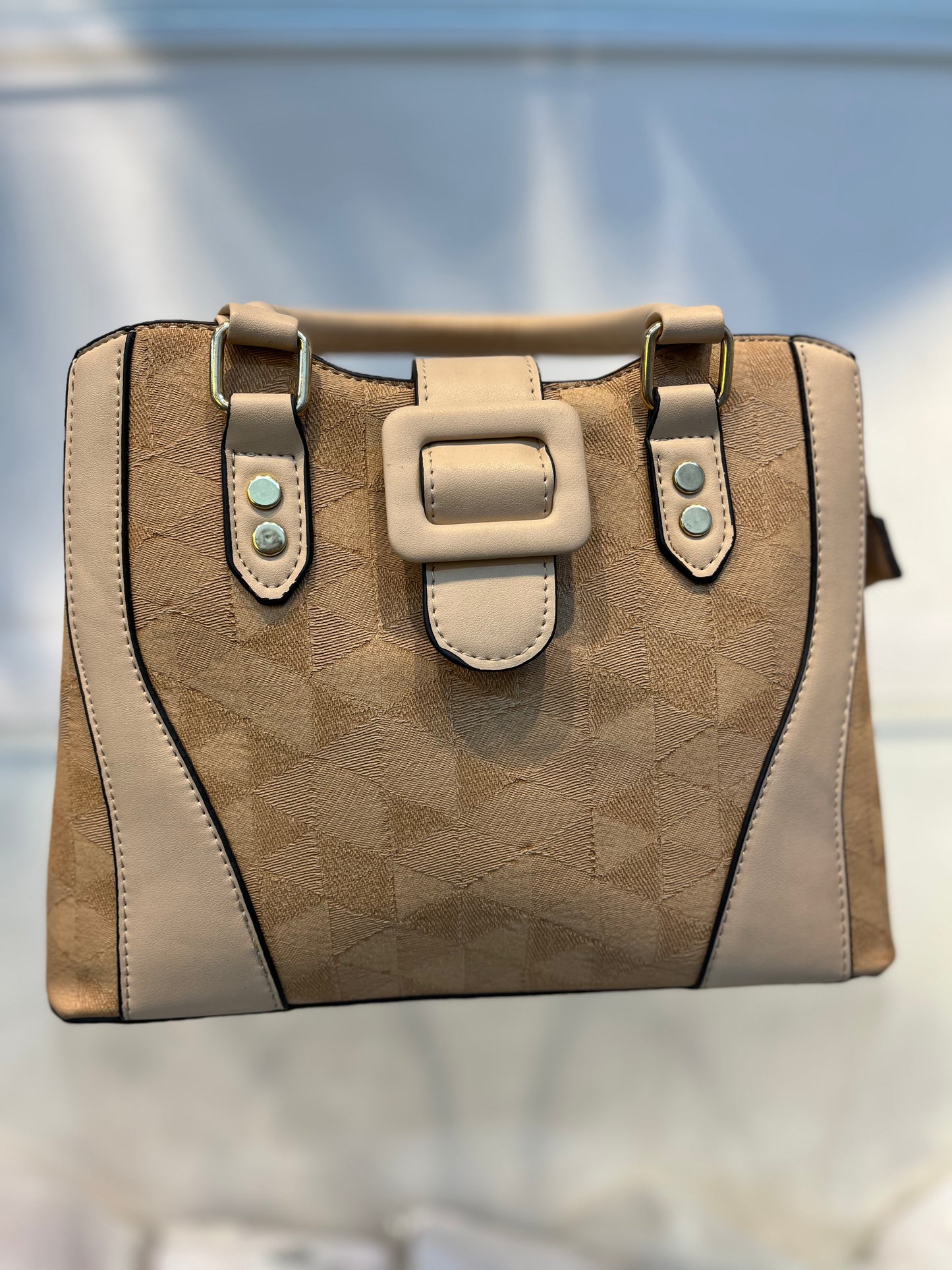 Beige Faux Leather Baguette Handbag with Glare Pouch, 2 Compartments, Side Zip & Back Pocket with Sling