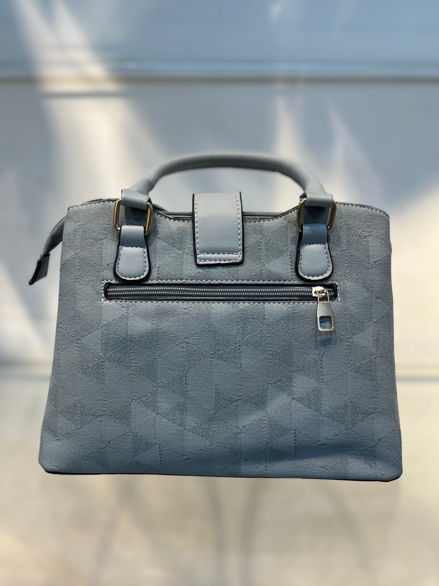 Blue Faux Leather Baguette Handbag with Glare Pouch, 2 Compartments, Side Zip & Back Pocket with Sling