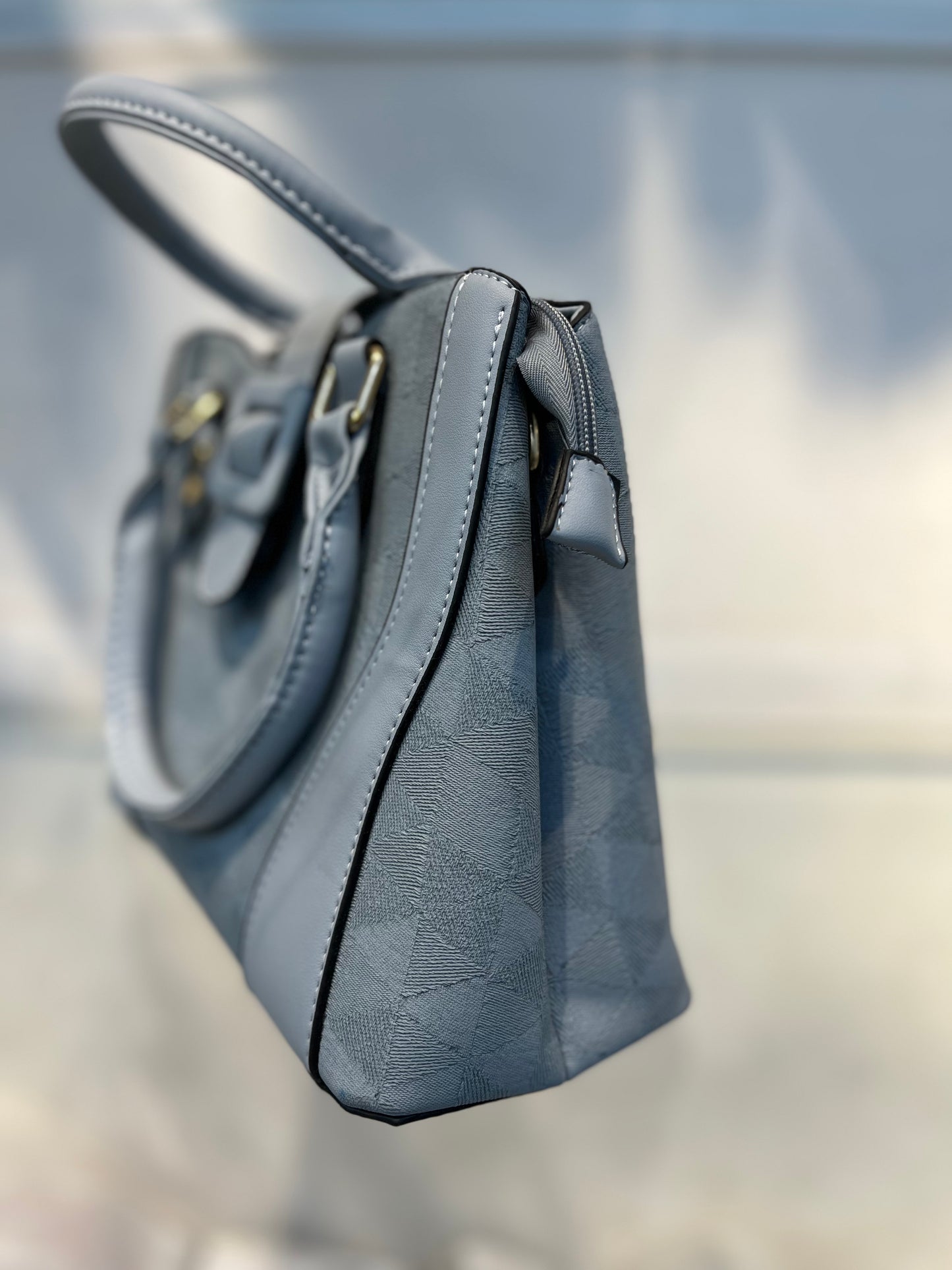 Blue Faux Leather Baguette Handbag with Glare Pouch, 2 Compartments, Side Zip & Back Pocket with Sling