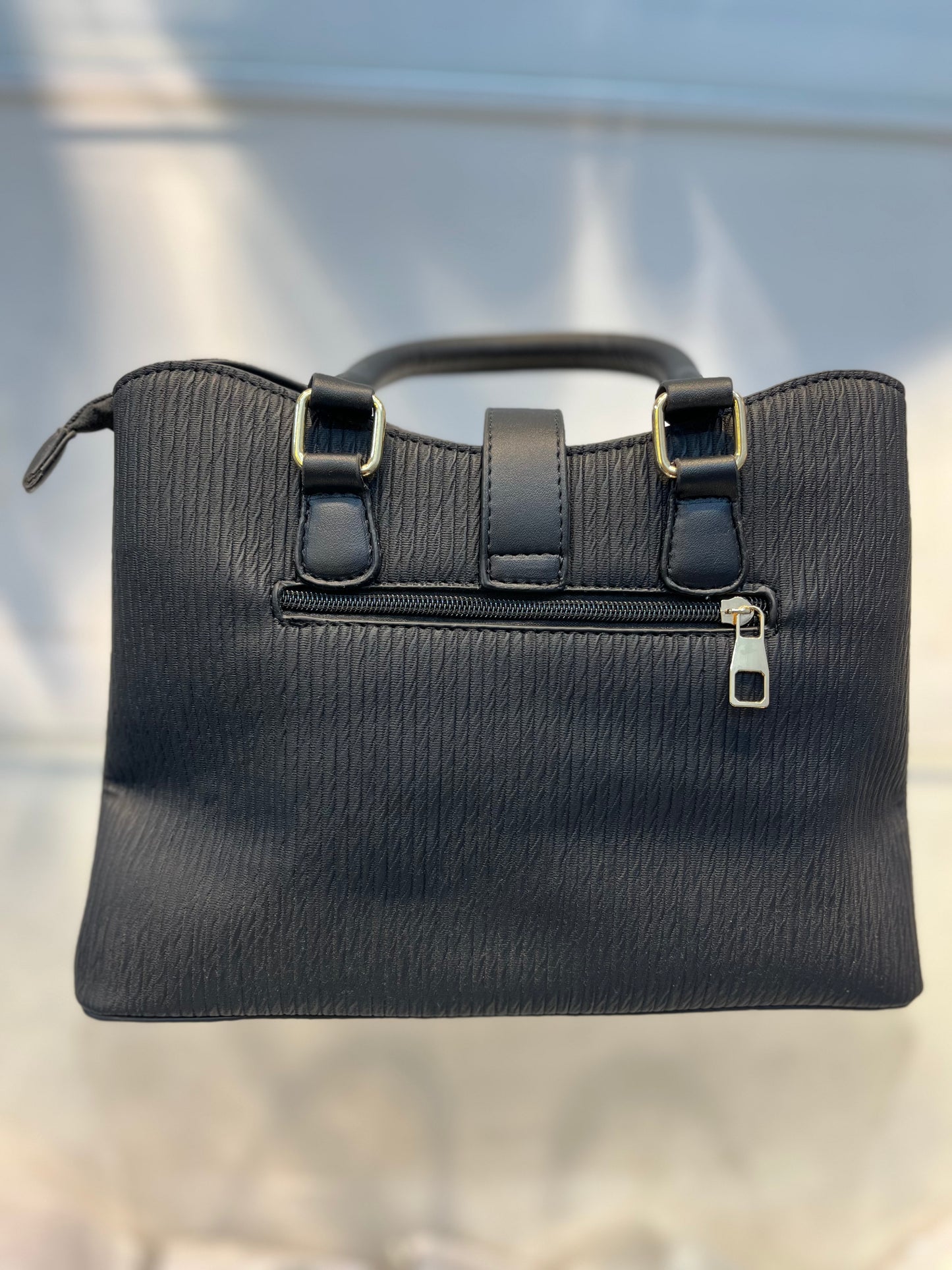 Premium Black Fabric-Embossed Handbag ,3 Compartments & Back Zip