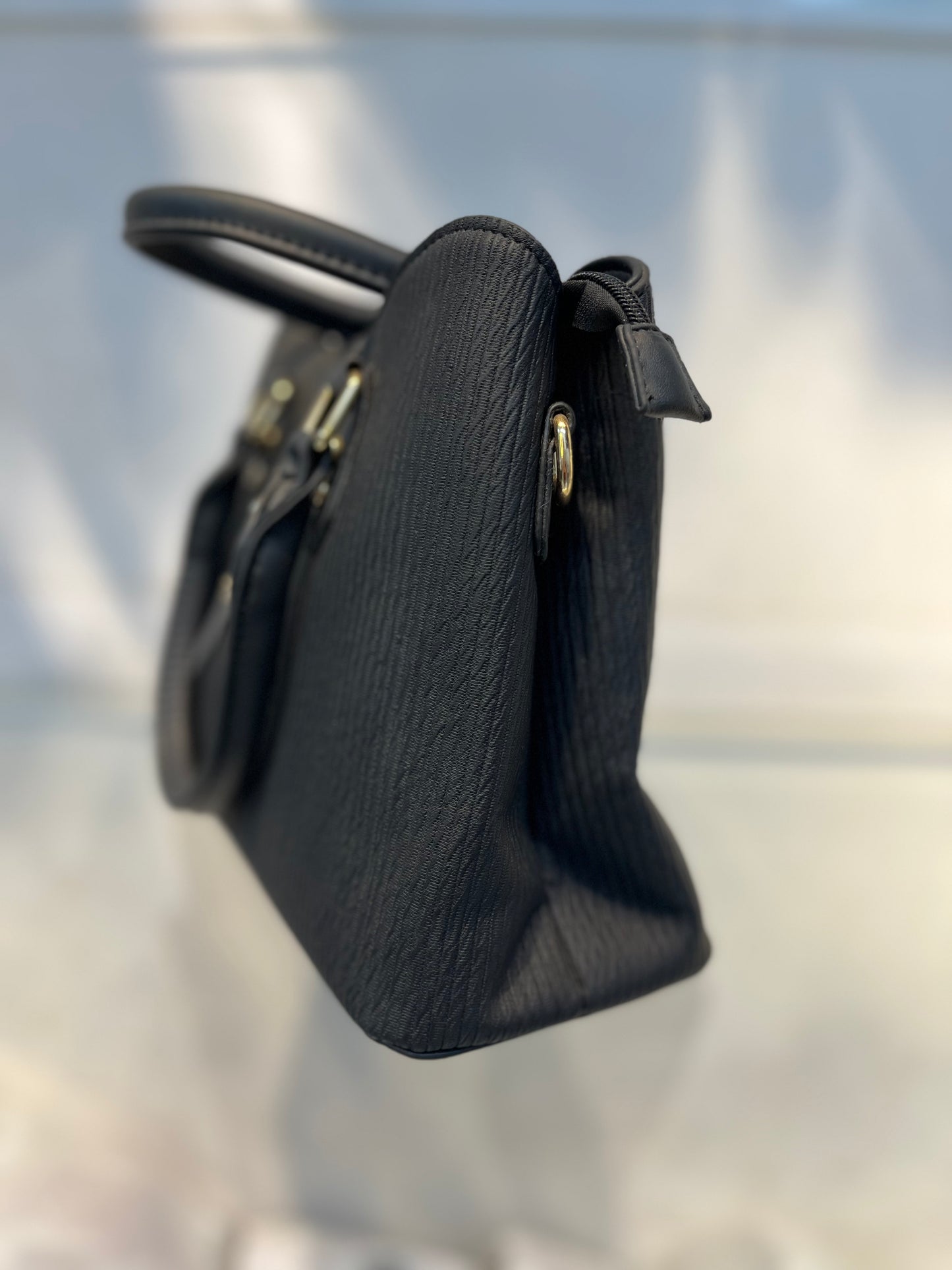 Premium Black Fabric-Embossed Handbag ,3 Compartments & Back Zip