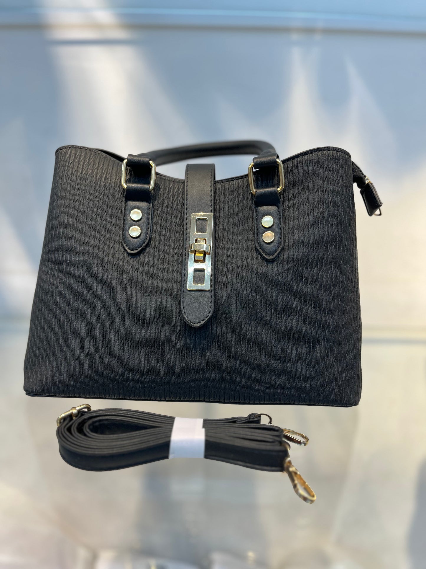 Premium Black Fabric-Embossed Handbag ,3 Compartments & Back Zip