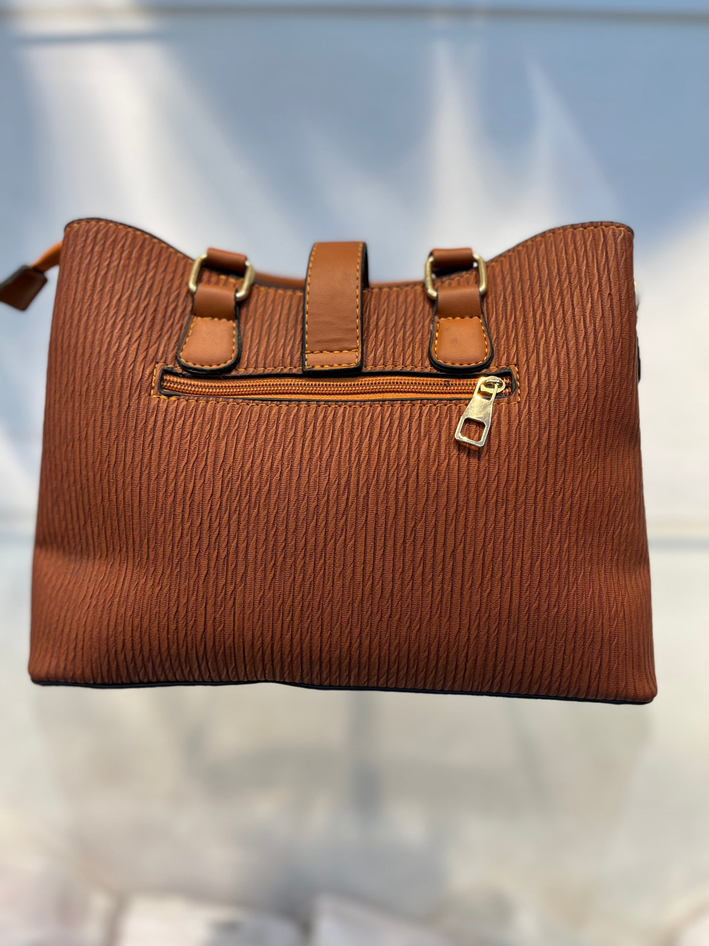Premium Natural Fabric-Embossed Handbag ,3 Compartments & Back Zip