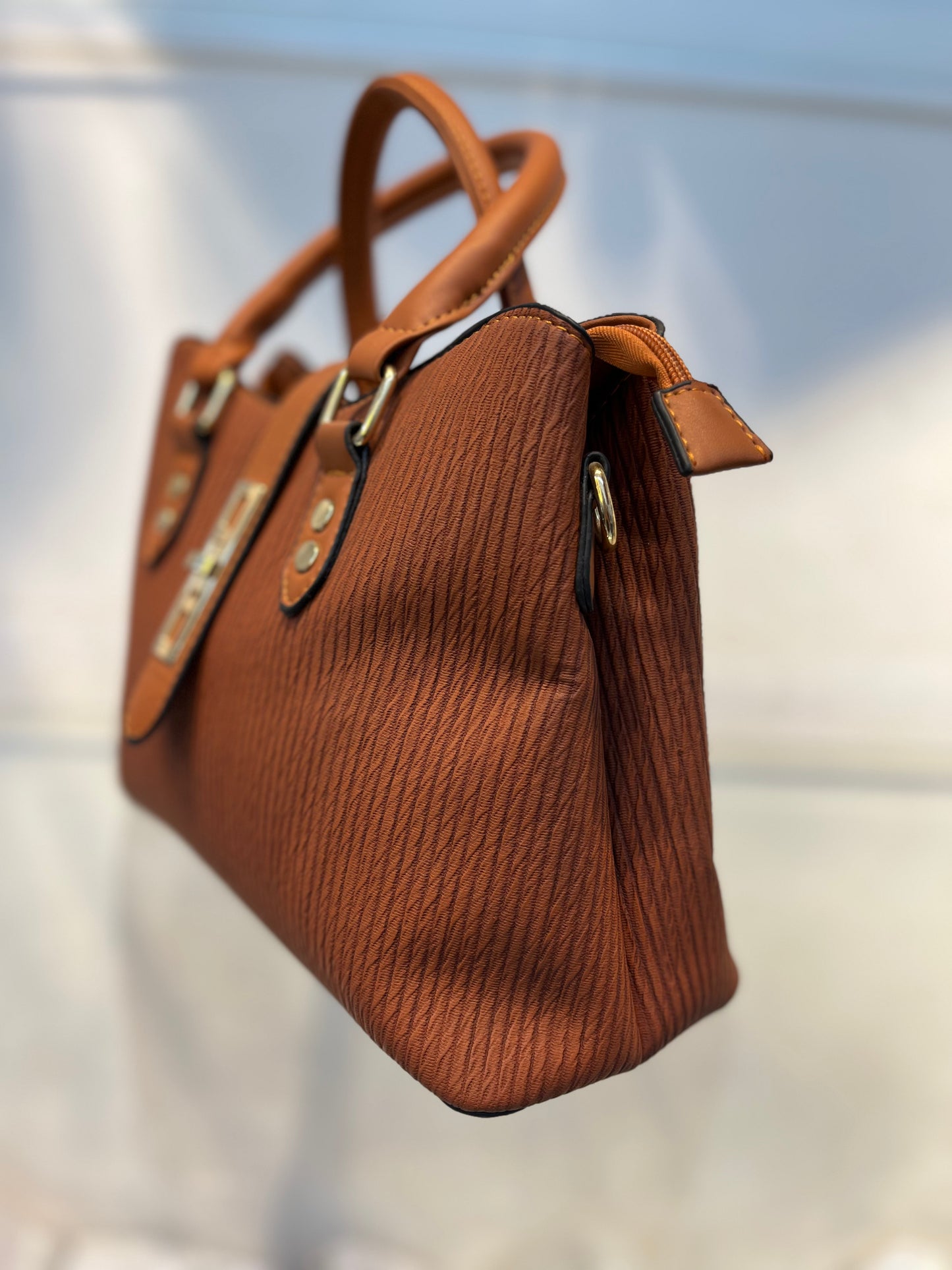 Premium Natural Fabric-Embossed Handbag ,3 Compartments & Back Zip
