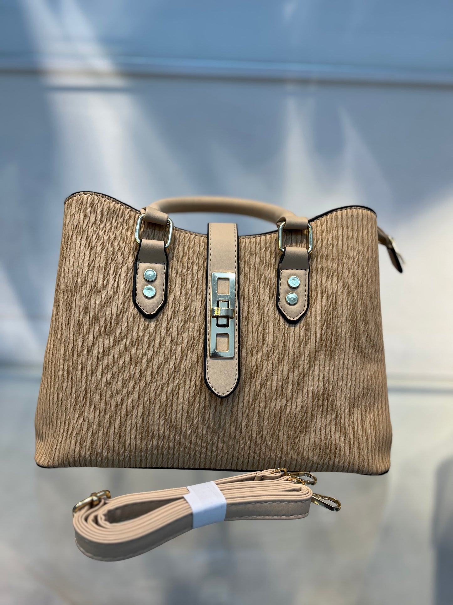 Premium Beige Fabric-Embossed Handbag ,3 Compartments & Back Zip