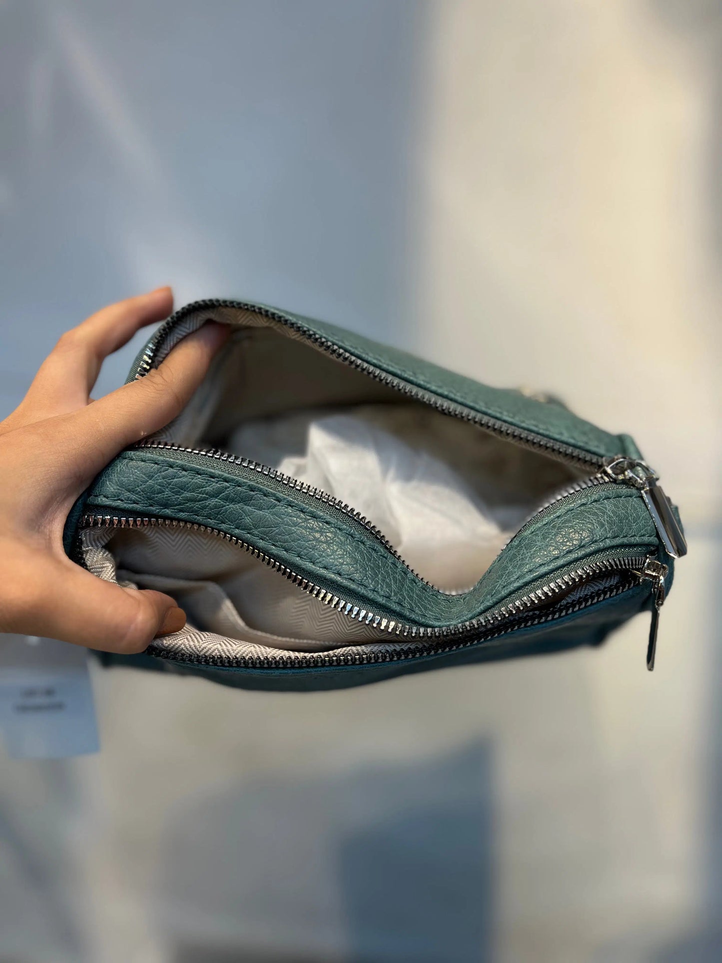 Green Textured Vegan Leather Sling Bag | Zip Pocket-02