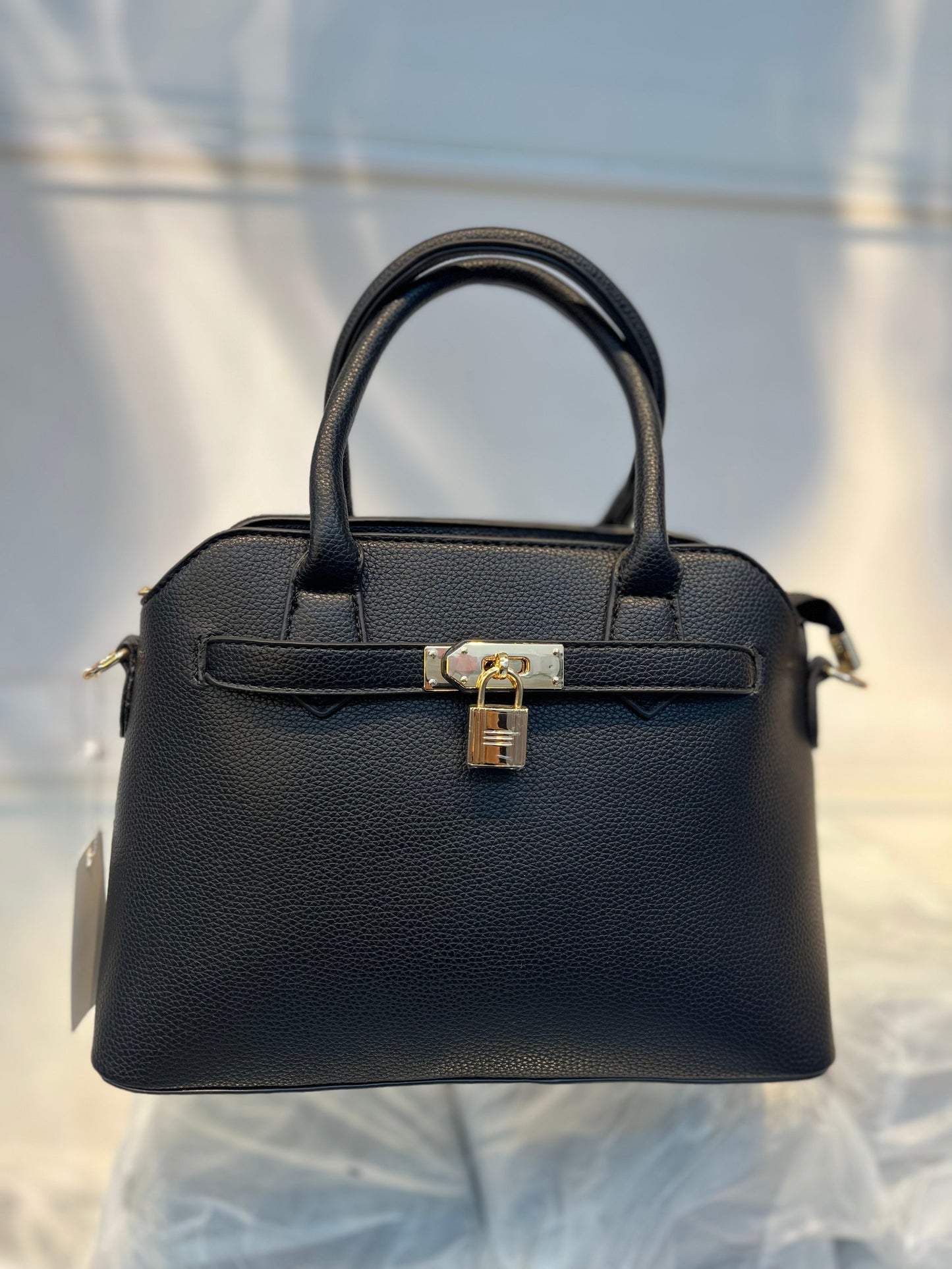 Black Faux Leather Satchel Handbag with Lock Charm