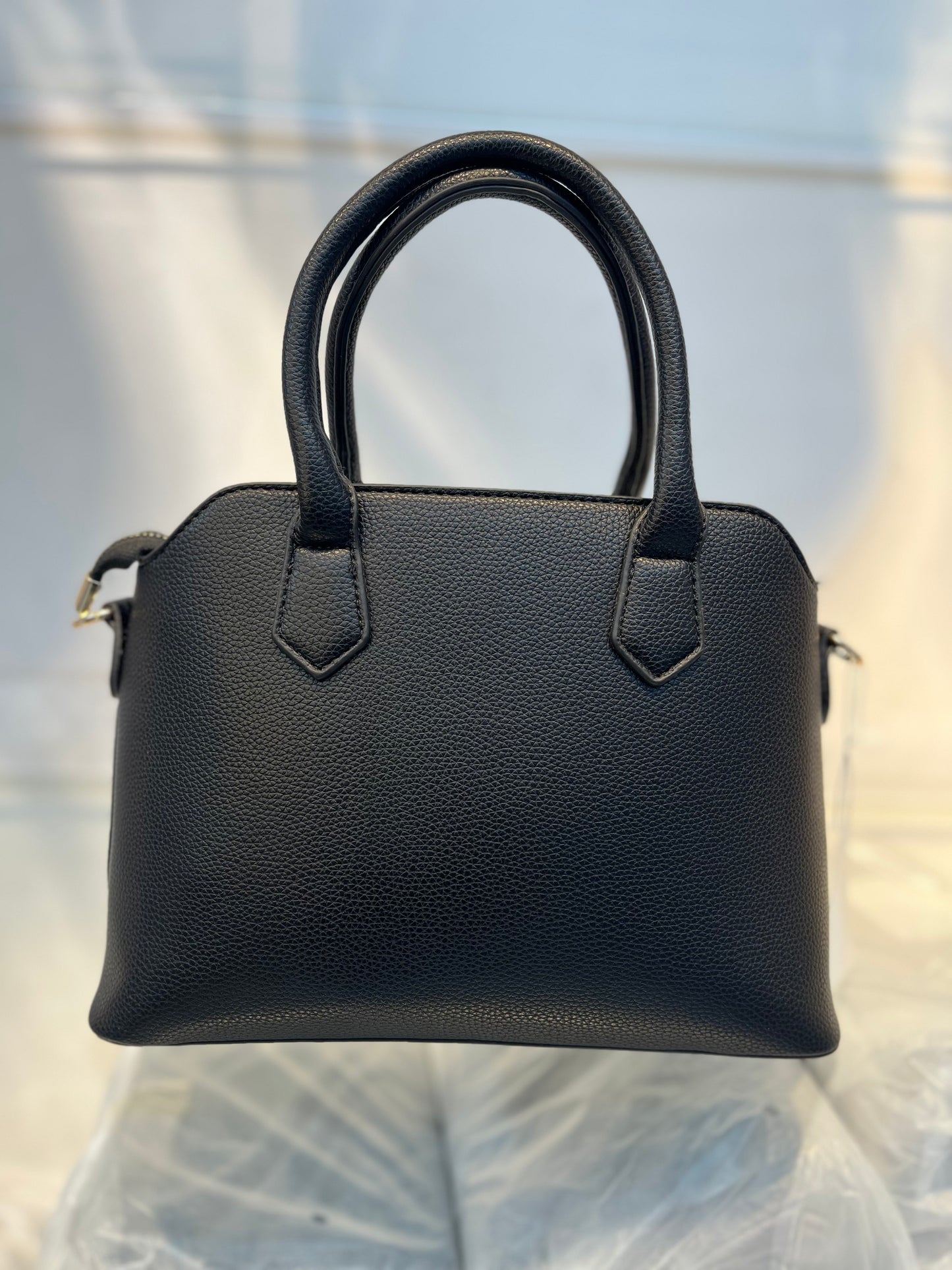 Black Faux Leather Satchel Handbag with Lock Charm