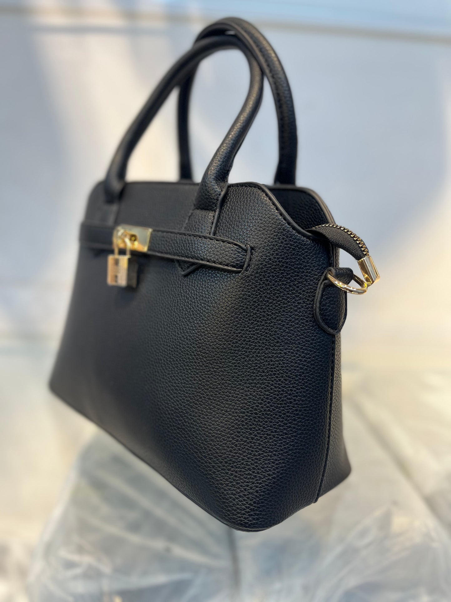 Black Faux Leather Satchel Handbag with Lock Charm