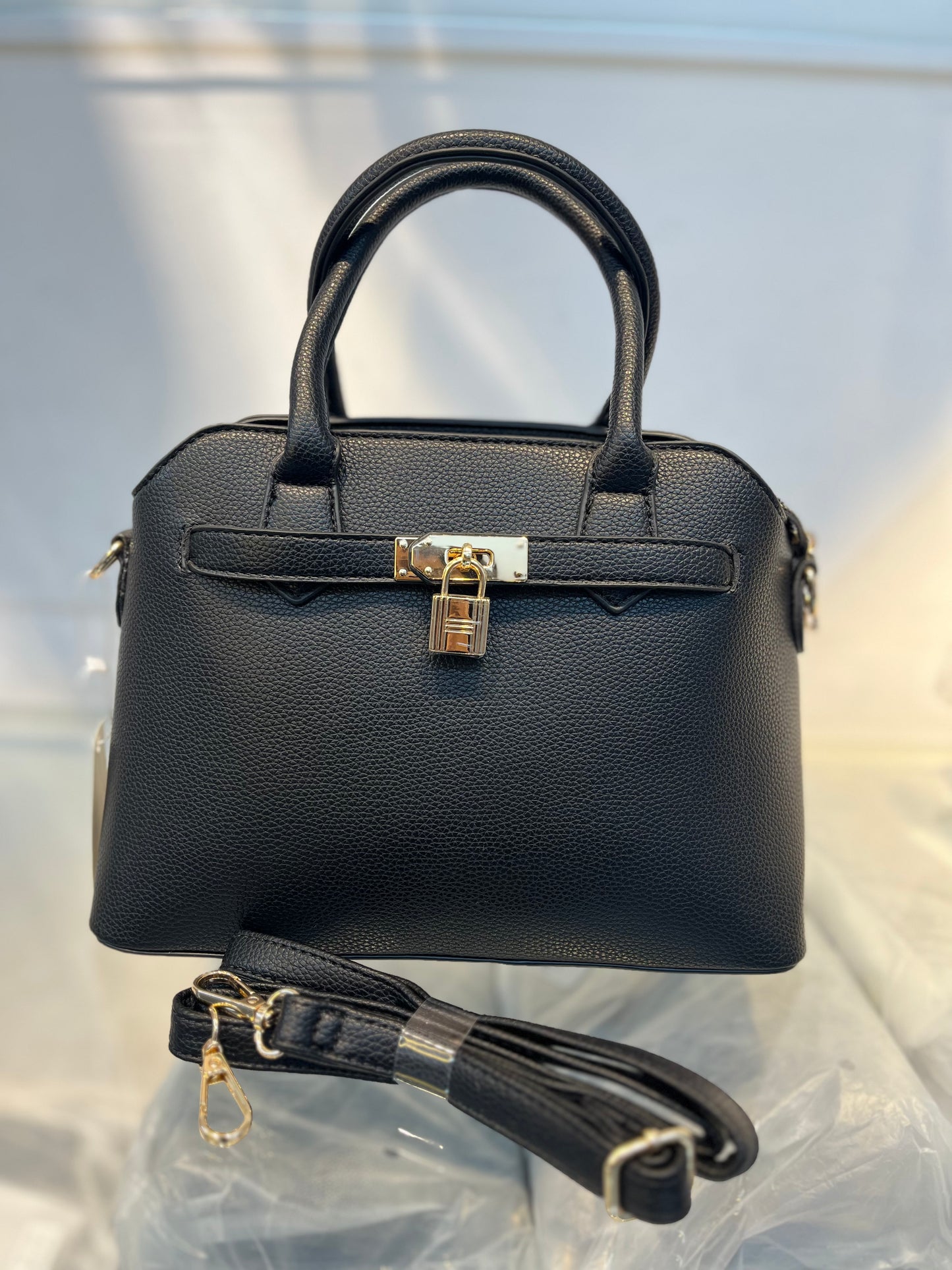 Black Faux Leather Satchel Handbag with Lock Charm