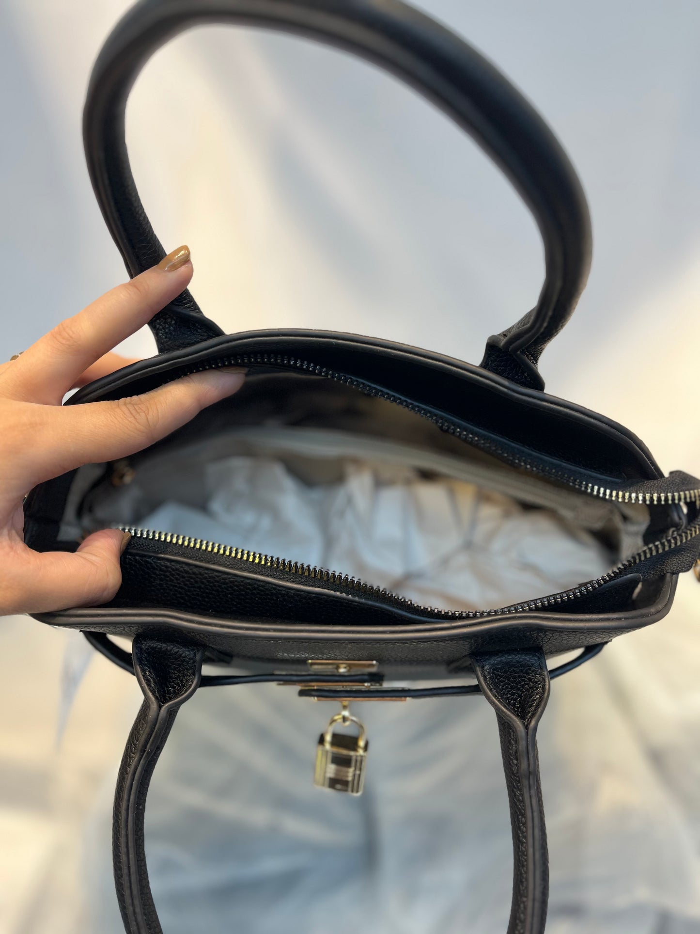 Black Faux Leather Satchel Handbag with Lock Charm