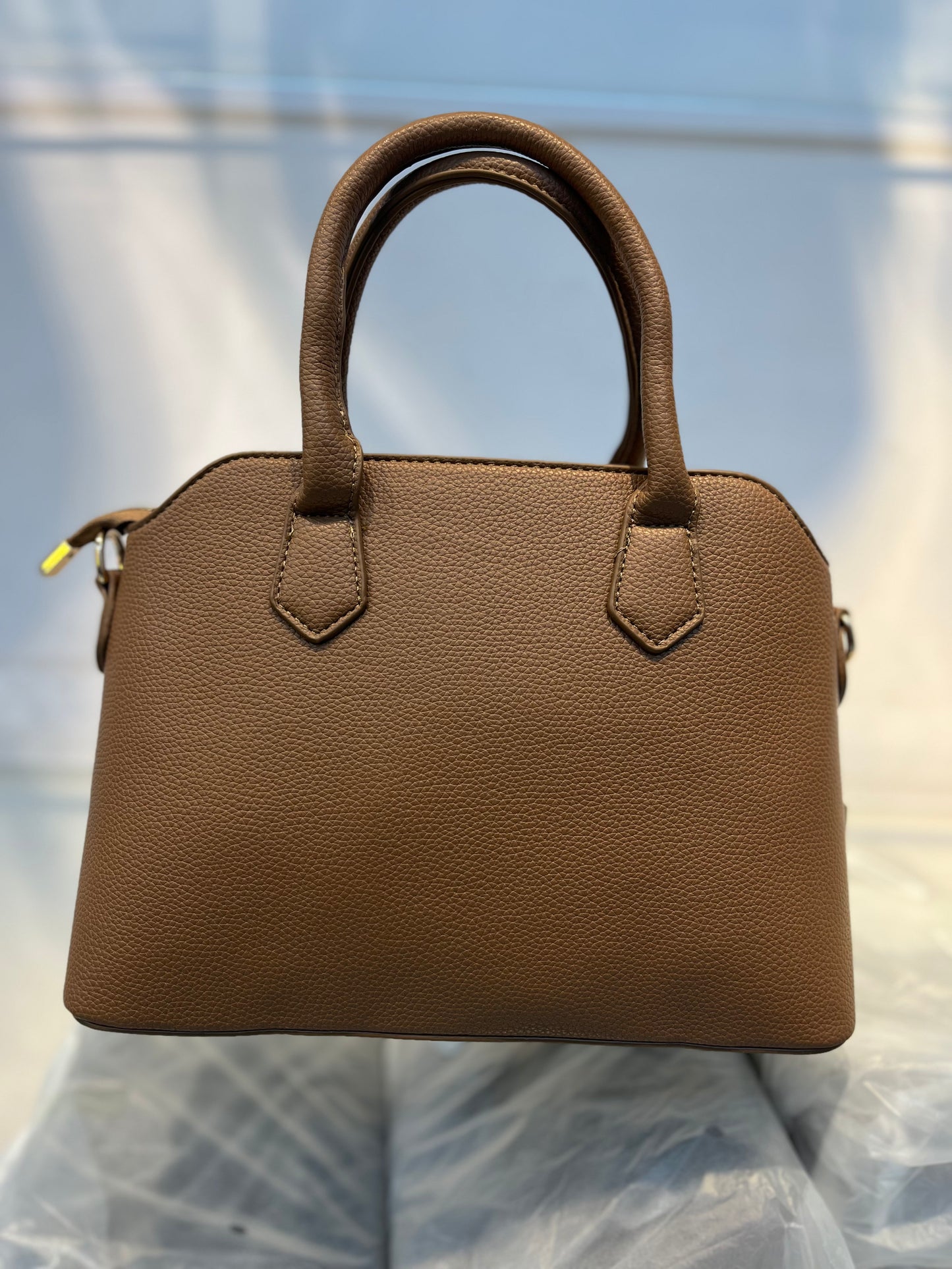Khakhi Faux Leather Satchel Handbag with Lock Charm
