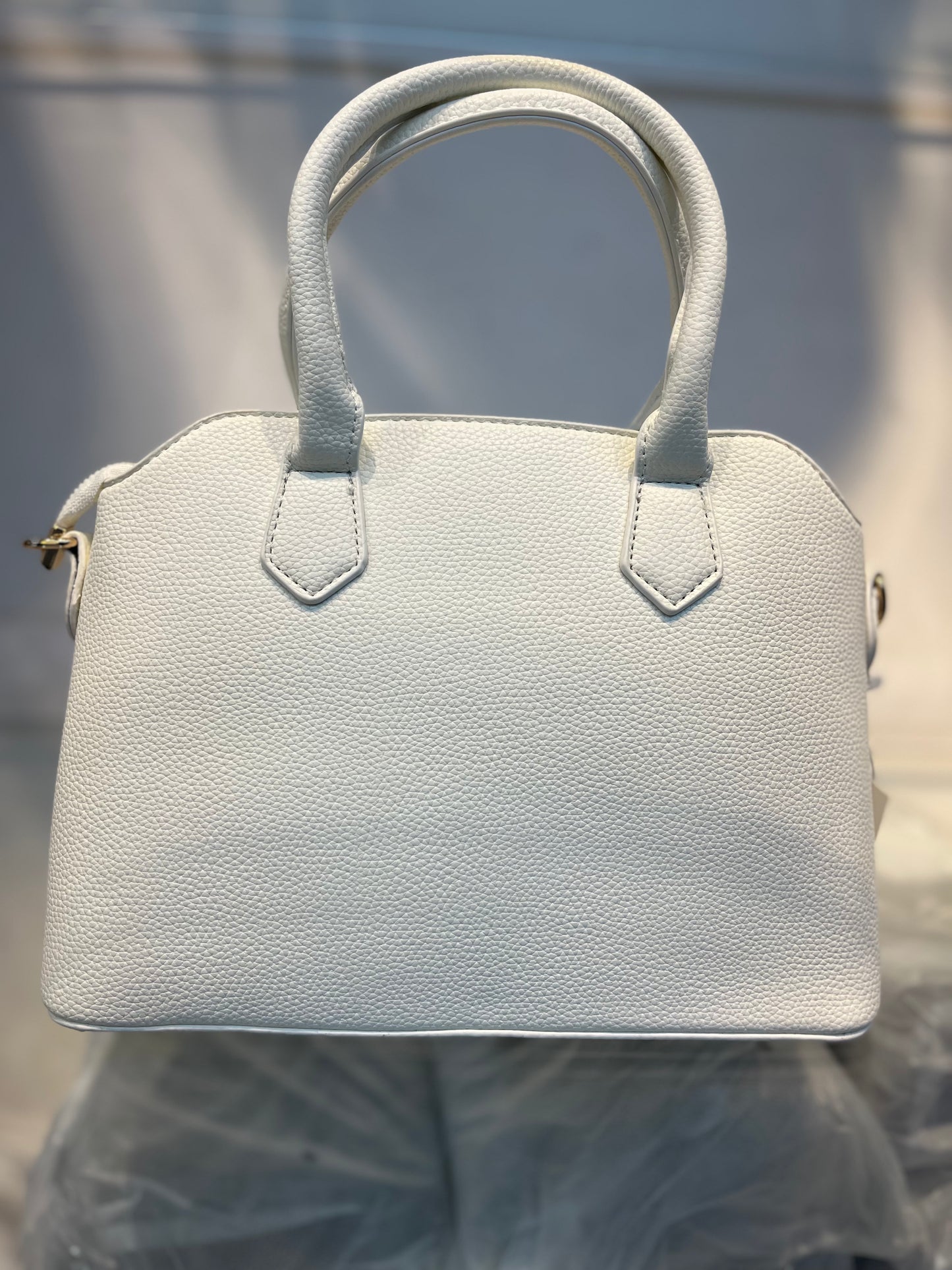 Off White Faux Leather Satchel Handbag with Lock Charm