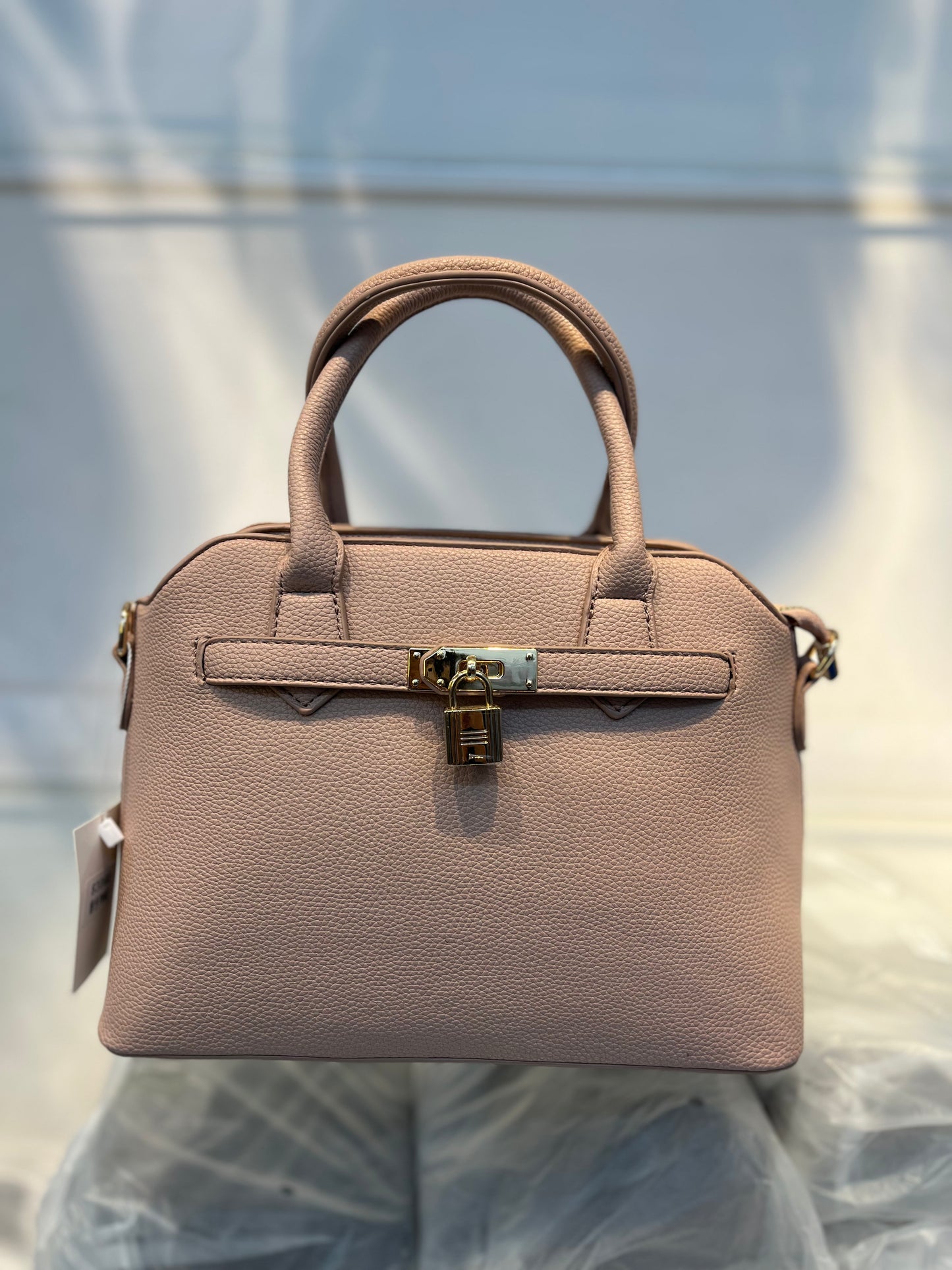 Pink Faux Leather Satchel Handbag with Lock Charm