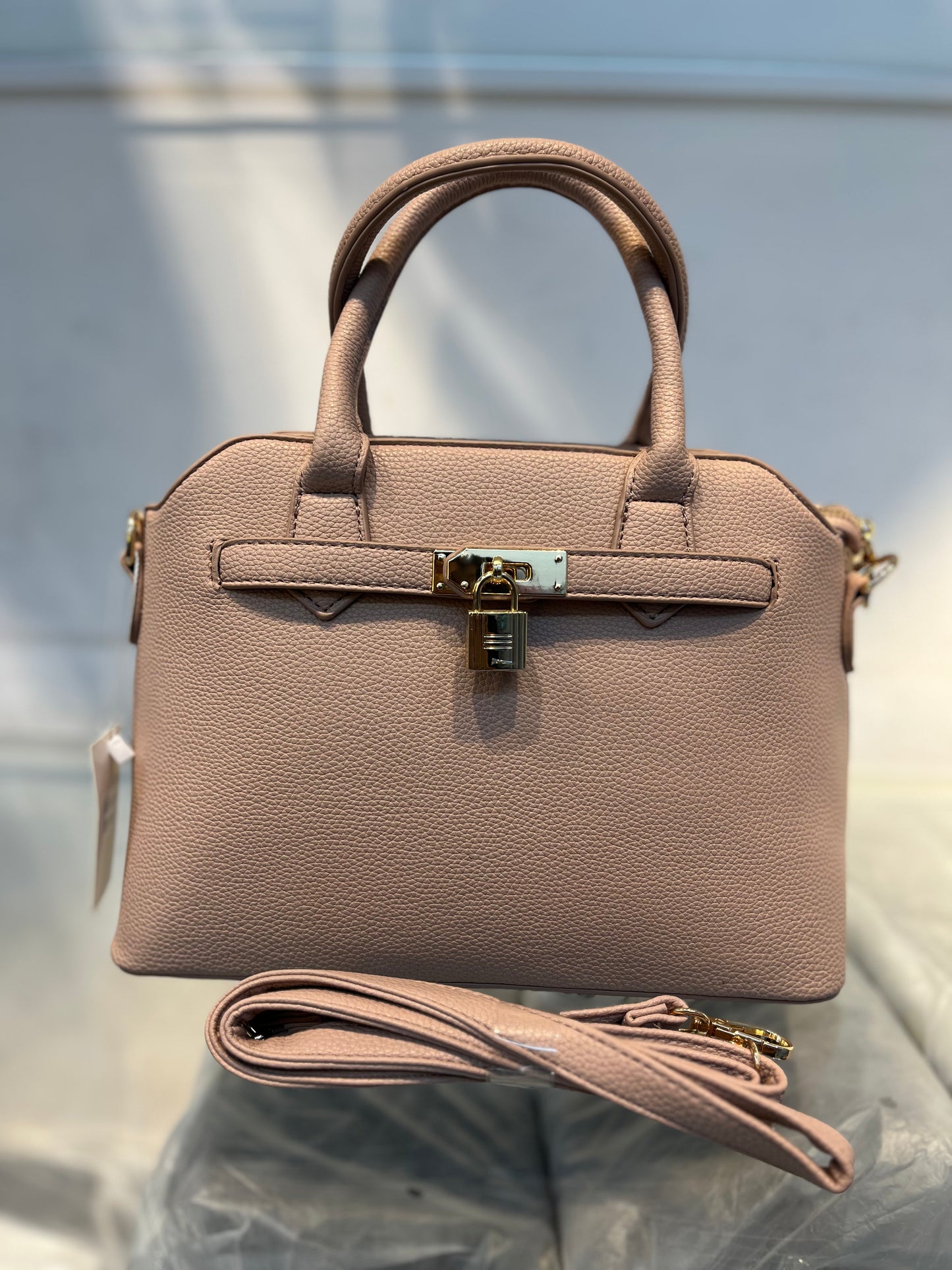 Pink Faux Leather Satchel Handbag with Lock Charm