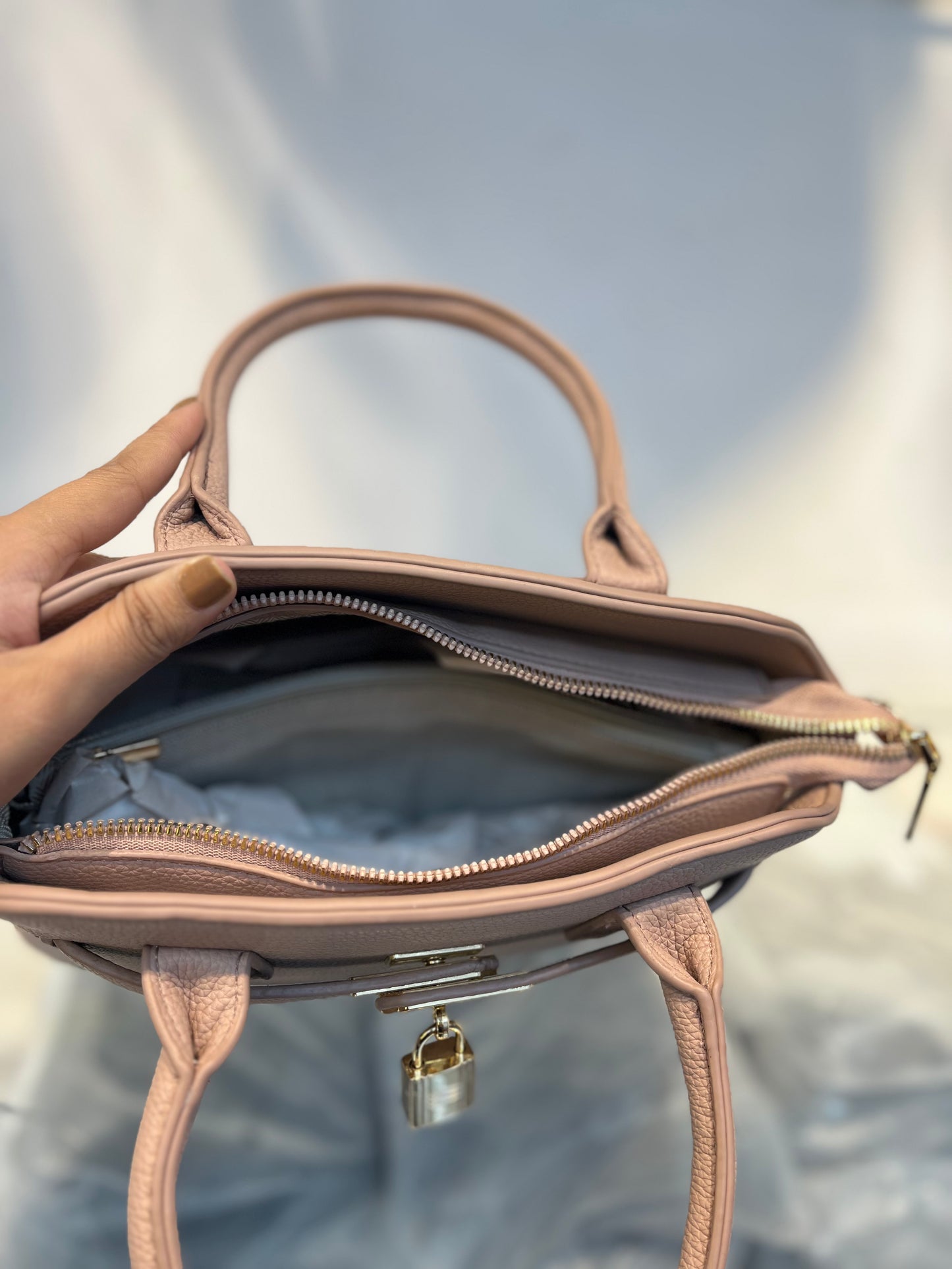 Pink Faux Leather Satchel Handbag with Lock Charm