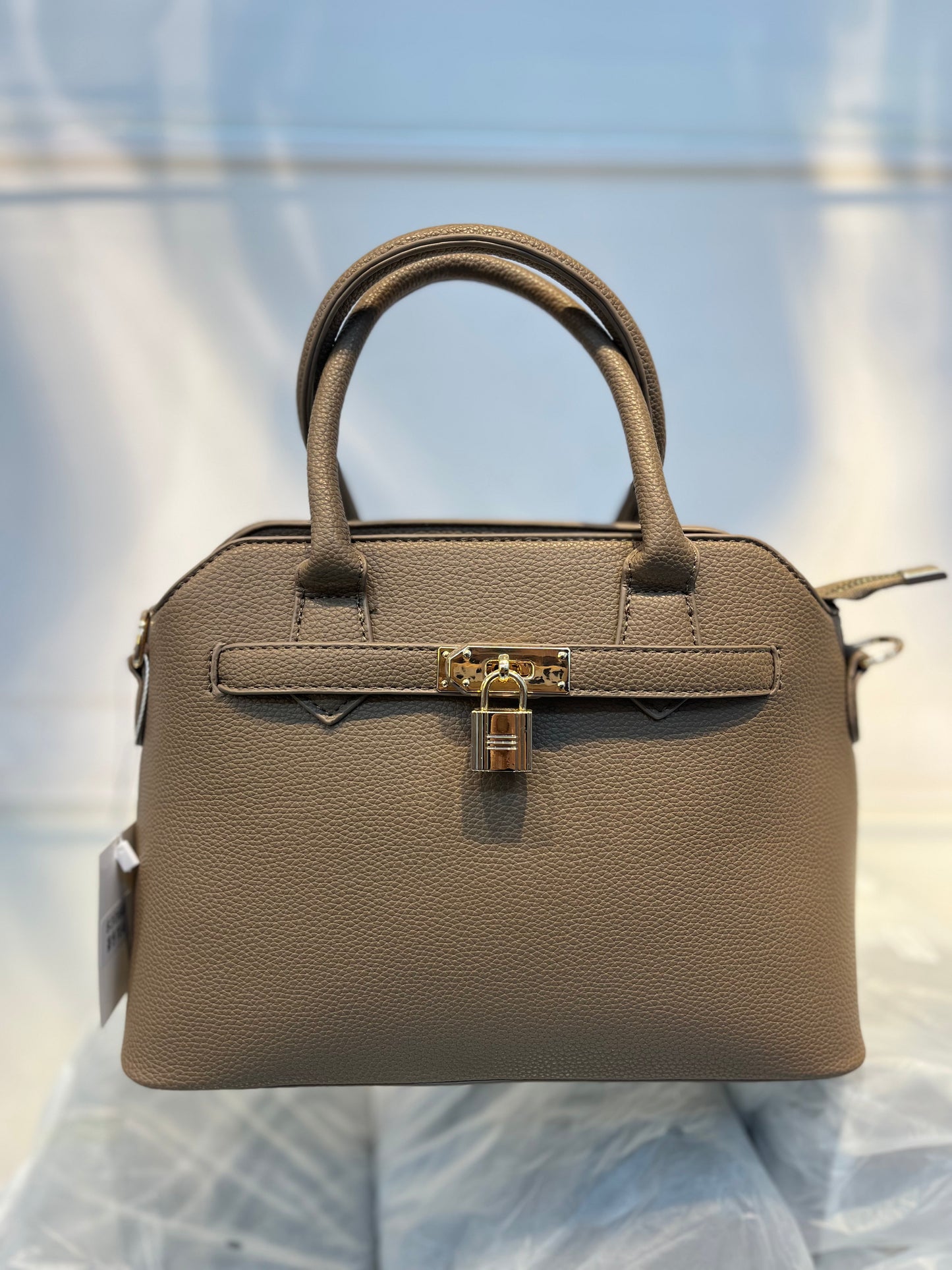 Tea Faux Leather Satchel Handbag with Lock Charm