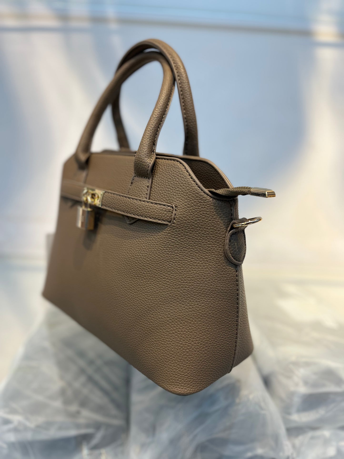Tea Faux Leather Satchel Handbag with Lock Charm