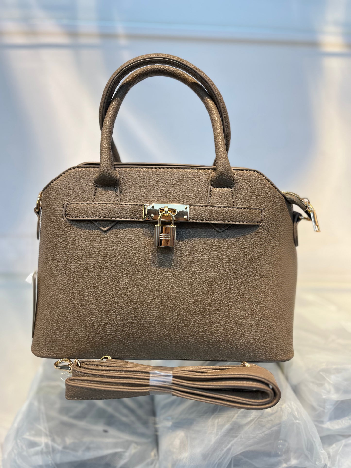 Tea Faux Leather Satchel Handbag with Lock Charm