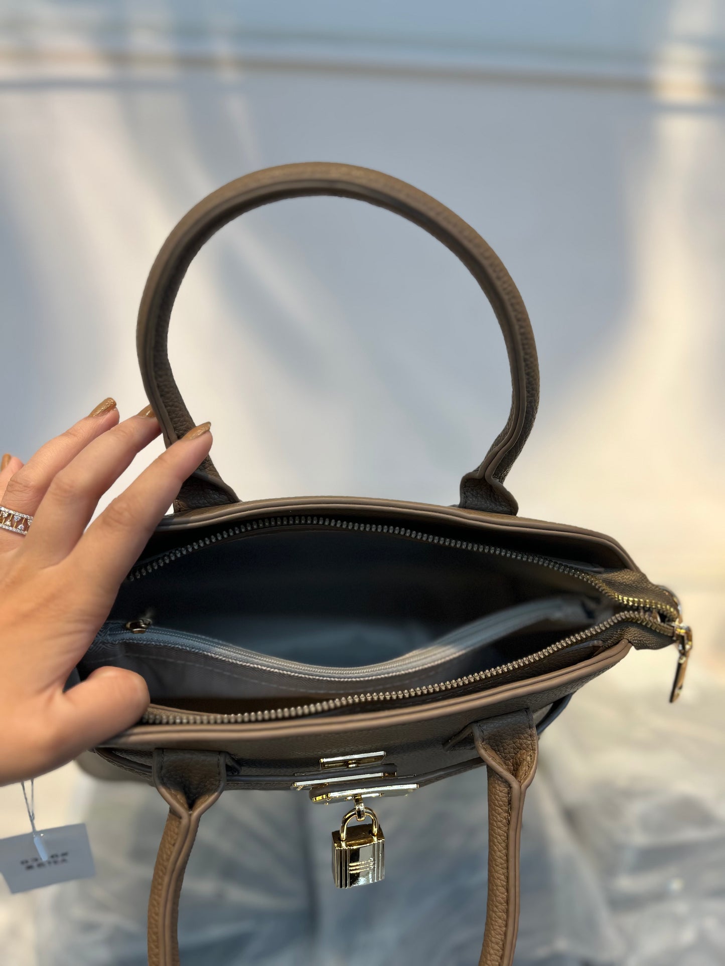 Tea Faux Leather Satchel Handbag with Lock Charm