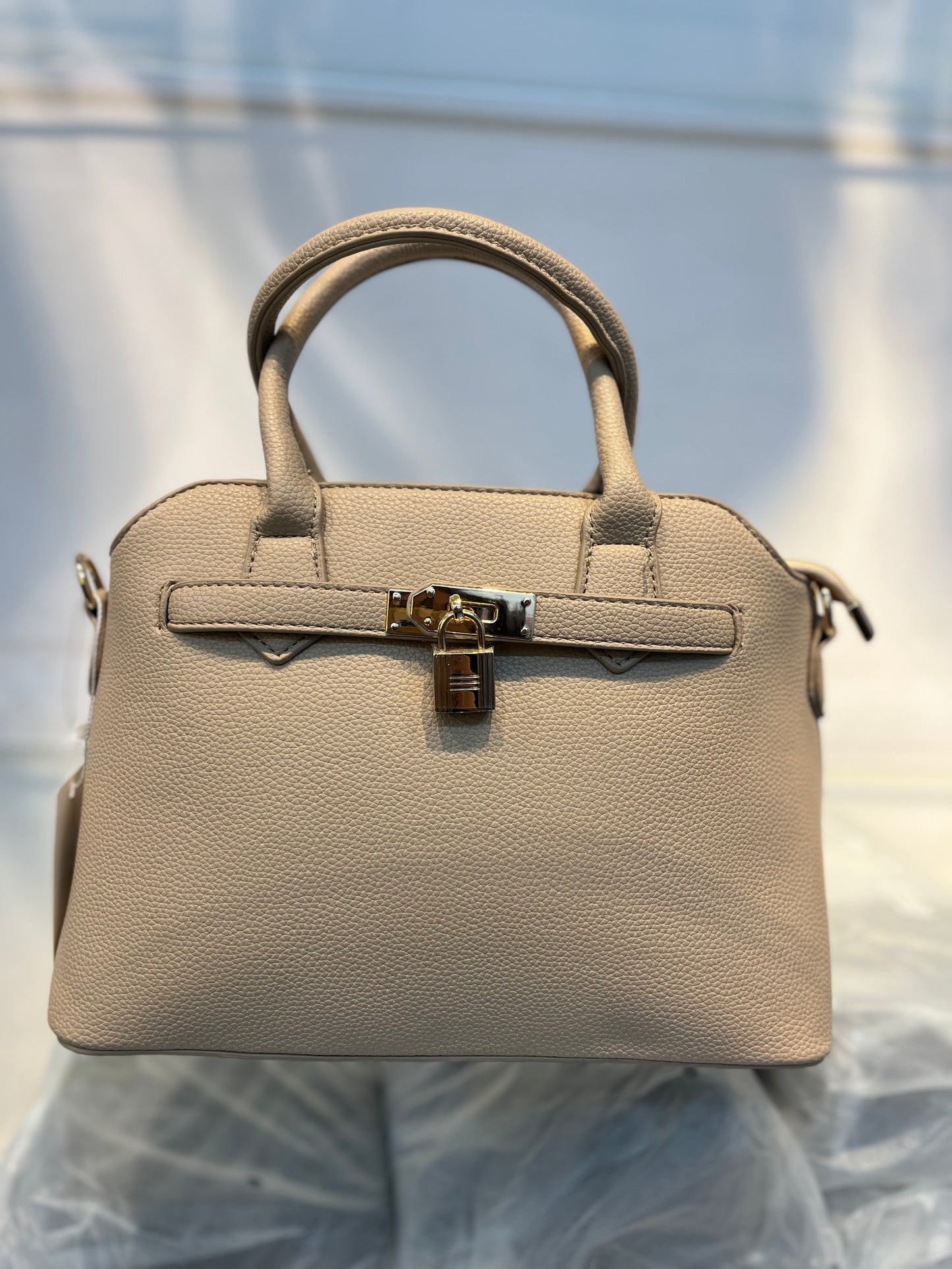 Beige Faux Leather Satchel Handbag with Lock Charm