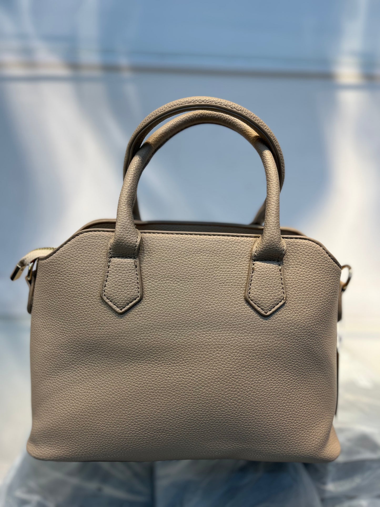 Beige Faux Leather Satchel Handbag with Lock Charm