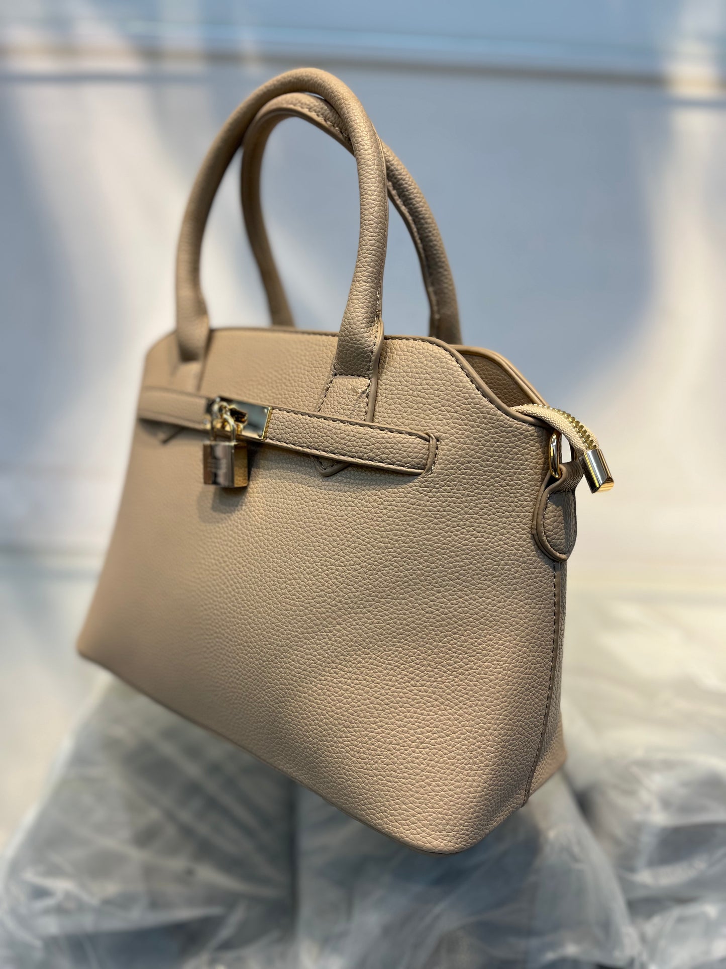 Beige Faux Leather Satchel Handbag with Lock Charm