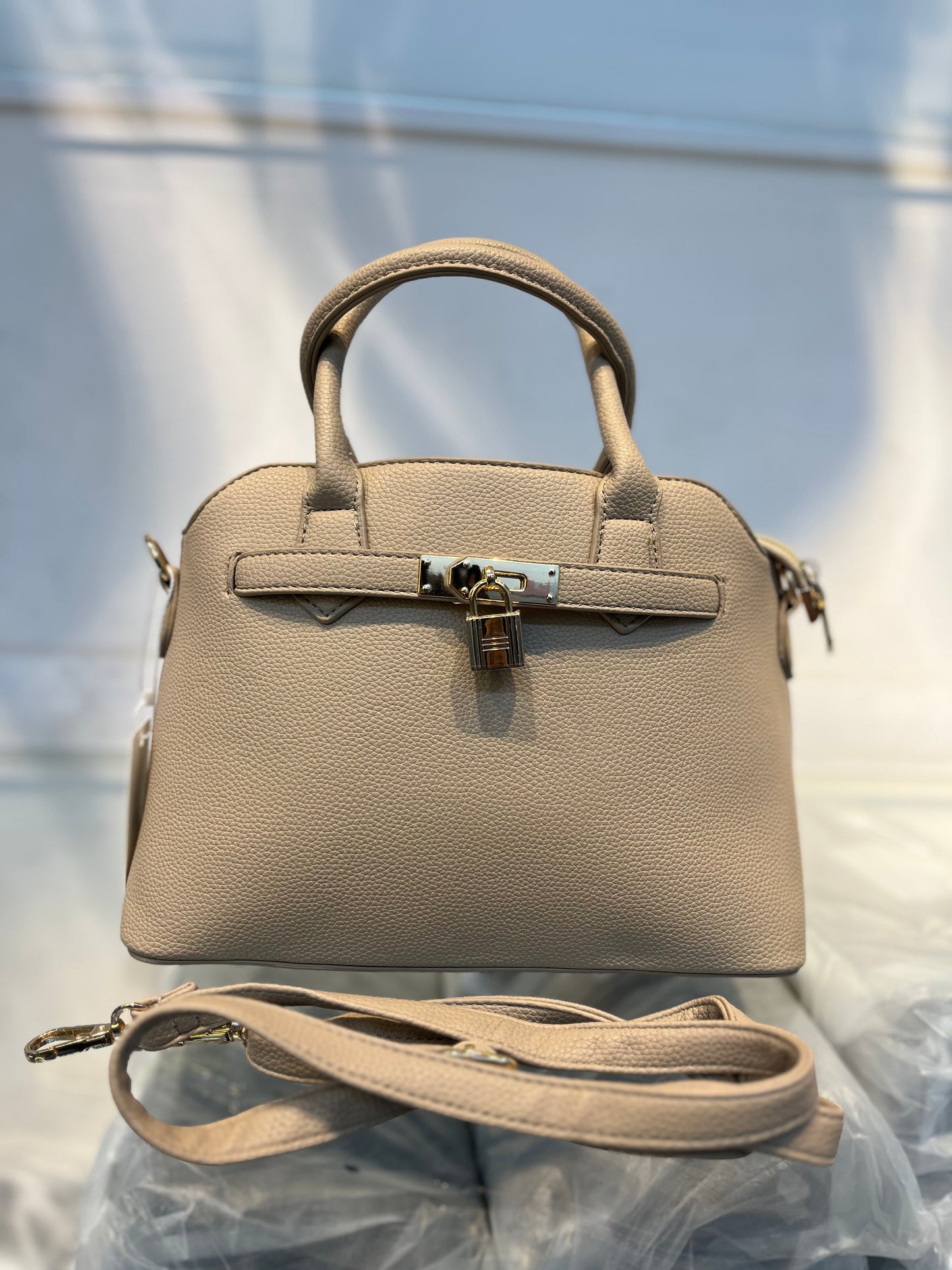 Beige Faux Leather Satchel Handbag with Lock Charm